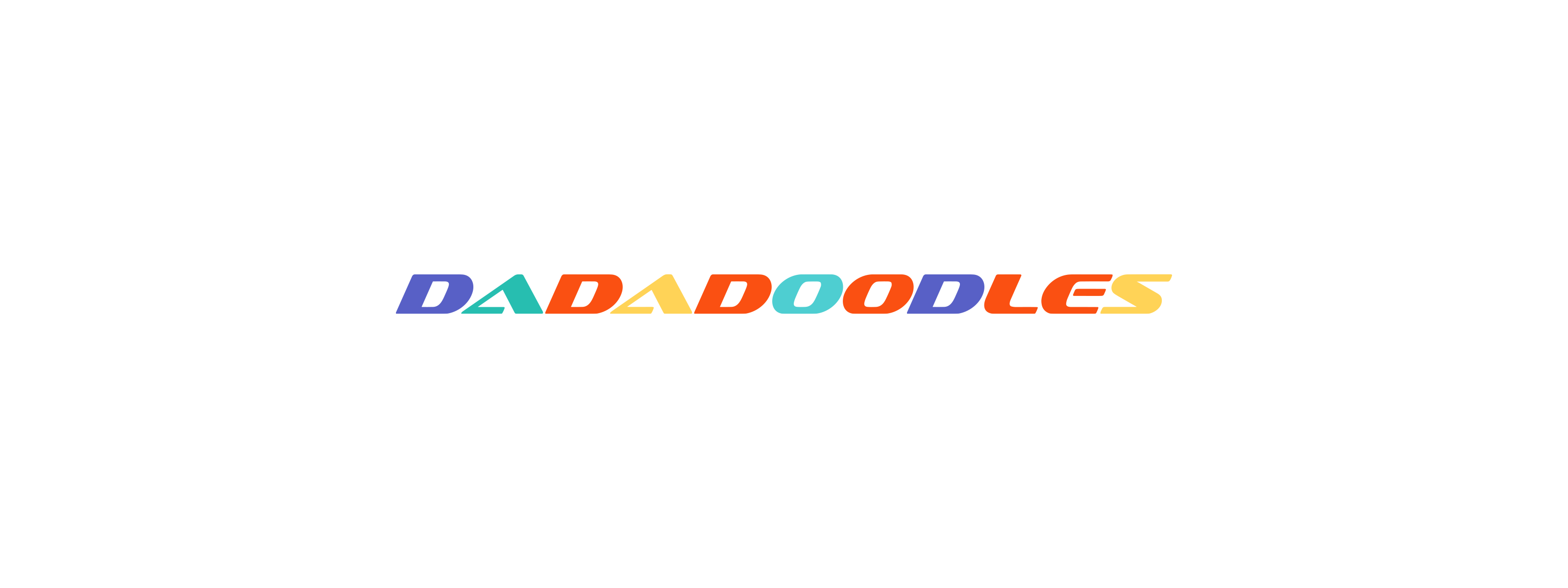 The word "DADADOODLES" is written in bold, uppercase letters, each in different vibrant colors including blue, purple, orange, yellow, and teal, on a plain white background.
