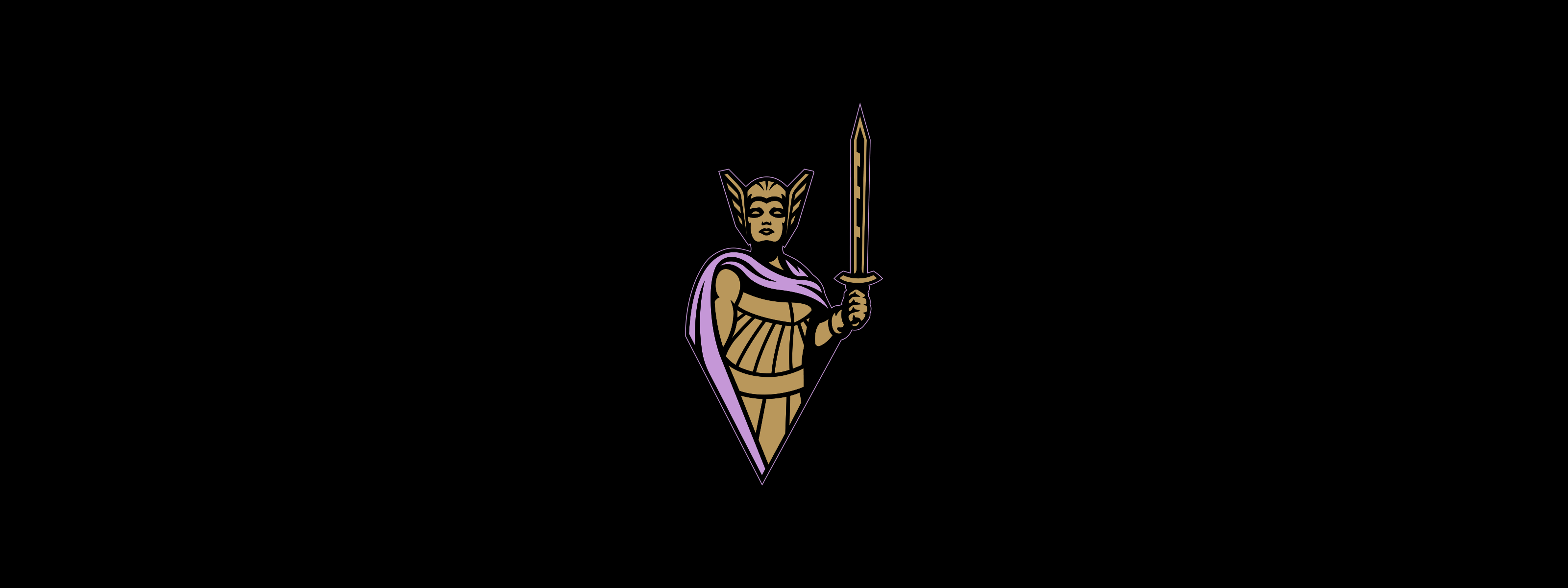 A stylized medieval warrior in gold armor and a purple cape stands holding a sword and shield, centered on a black background. The shield and cape have purple and gold detailing.