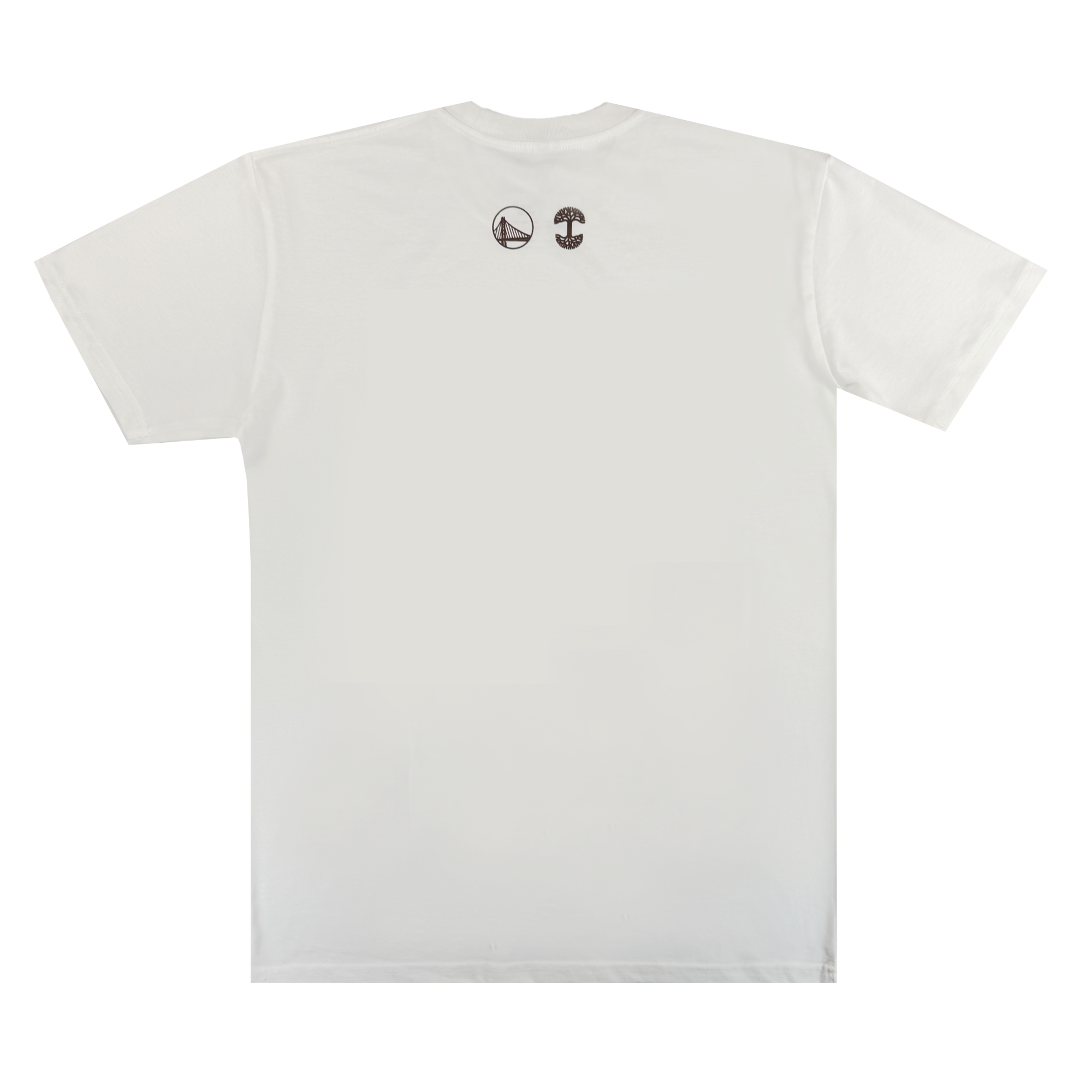 The GSW 70's Trading Card Tee is displayed from the back. Near the neckline, two small black graphics—a peace sign and a mushroom—stand out against the plain white short-sleeve shirt, which has no other designs.