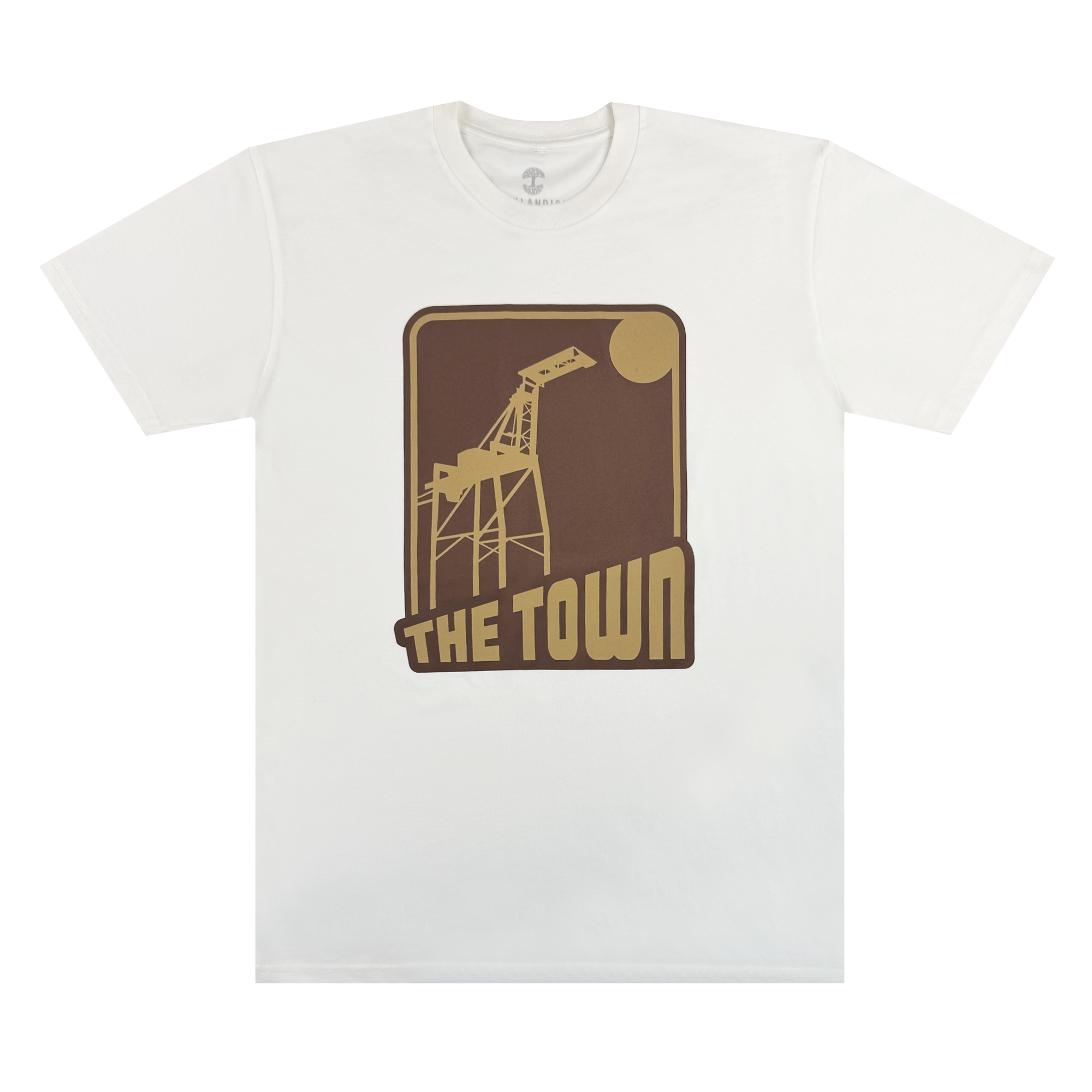 The GSW 70's Trading Card Tee features a graphic of a brown and tan industrial crane under a sun or moon, framed in a rounded rectangle, with bold tan “THE TOWN” lettering inspired by Golden State Warriors pride.