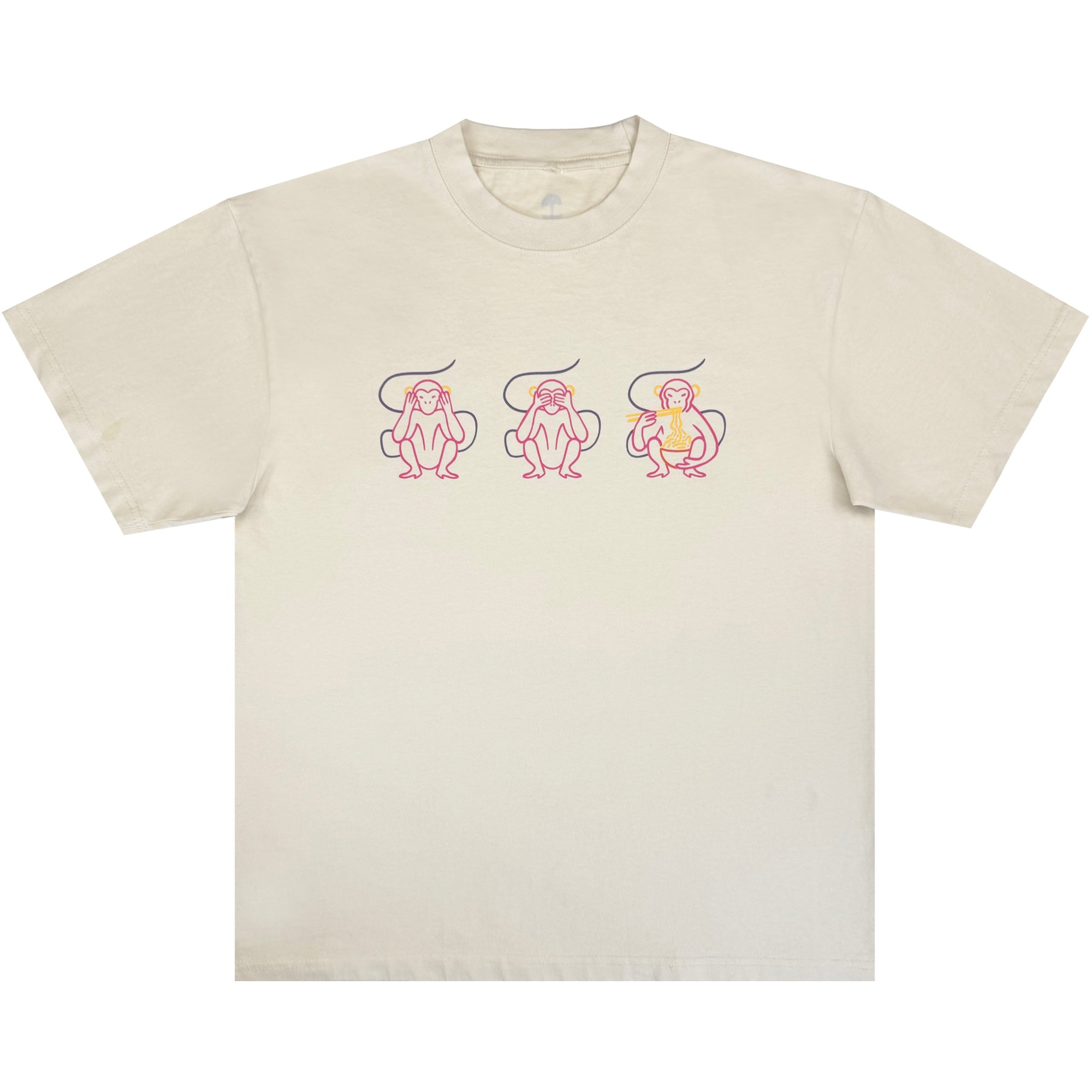 The Jo's Modern Thai X Oaklandish Tee by Oaklandish is a beige heavyweight shirt featuring three cartoon monkeys—two pink and one yellow—on the chest, illustrating the "see no evil, hear no evil, speak no evil" theme.
