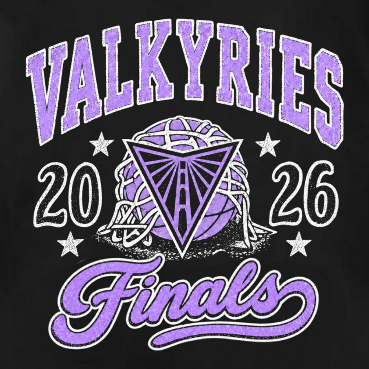 GSV Momentum Tee featuring “VALKYRIES” in a distressed purple arched font above a basketball net, a triangle with a vertical line over the ball, “20 26” with four stars, and “Finals” in a curved purple script at the bottom.