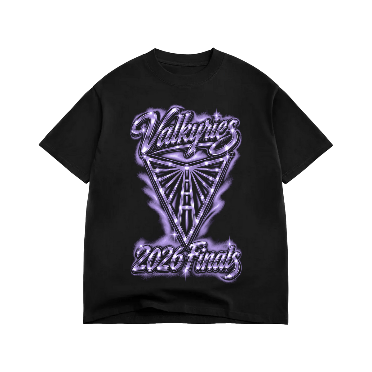 A black GSV Let’s Go Tee features a central graphic in purple and white, with “Valkyries” in stylized script above a road leading into a triangular border, and “2026 Finals” printed below.