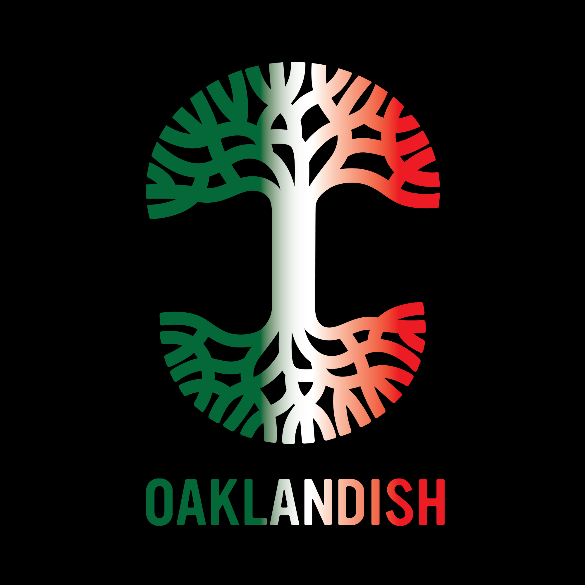 A stylized tree with exposed roots forms an “O” in green, white, and red—symbols of unión y esperanza. Below, “¿Y si sí?” by Oaklandish appears in matching colors on black. Que viva México.