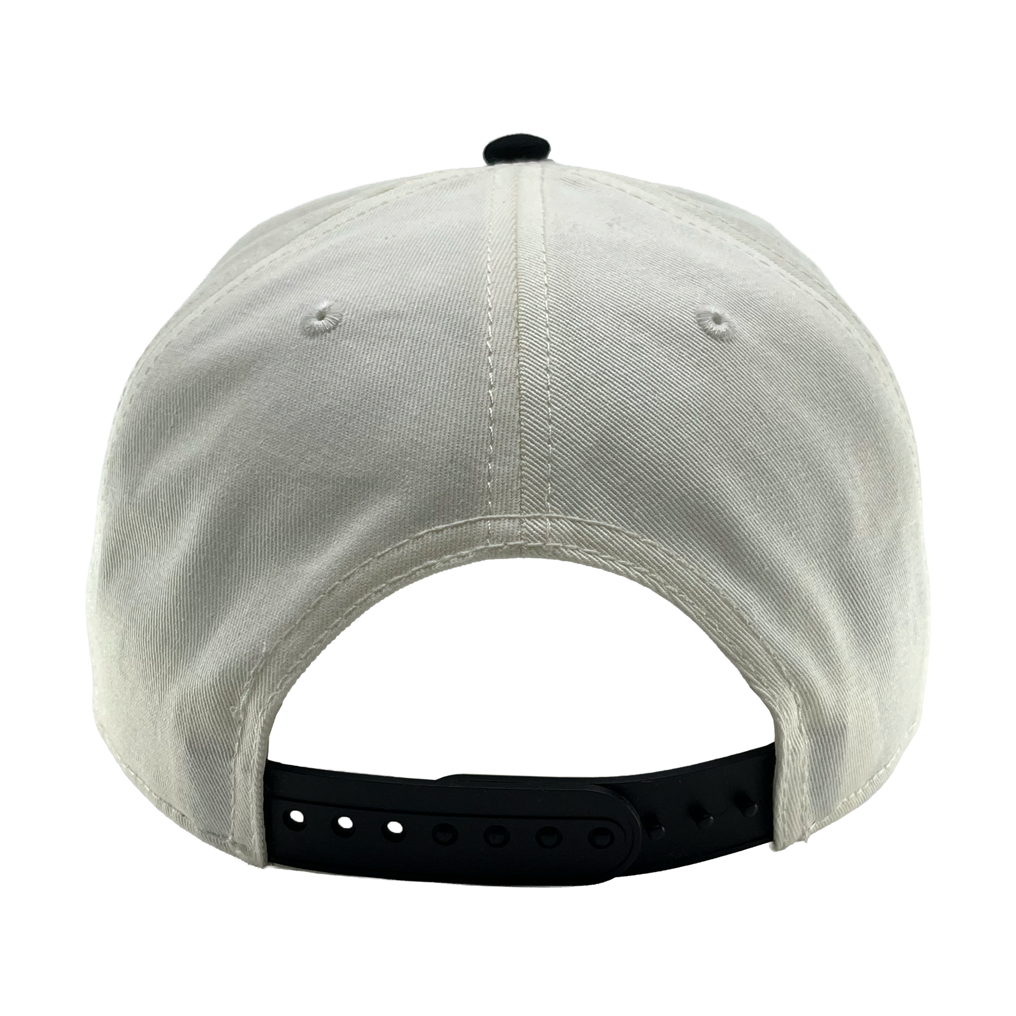 An OAC Logo 5 Panel cap in white, viewed from the back, features a black adjustable snap closure. The plain fabric includes stitched eyelets and a central seam for added detail. This snapback cap has an embroidered OAC logo, set against a clean white background.