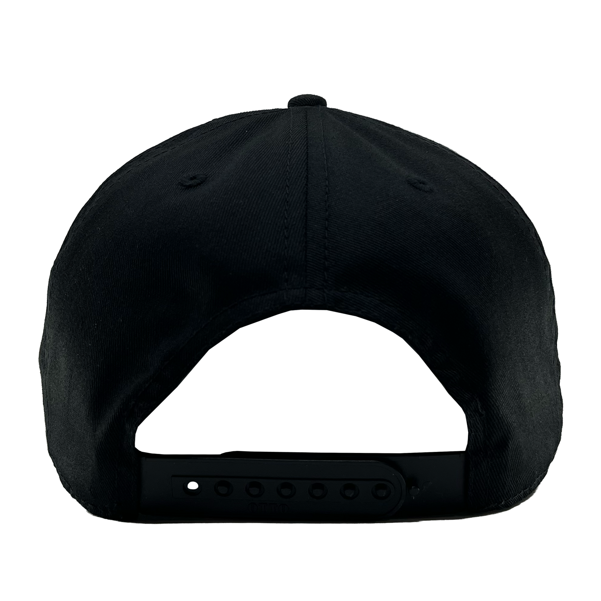 An OAC Logo 5 Panel snapback cap by OAC, shown from the back against a plain white background. The black cap displays an adjustable plastic snap closure, a curved opening above the closure, and visible stitching along the seams. It features an embroidered Oakland Athletic Club logo.