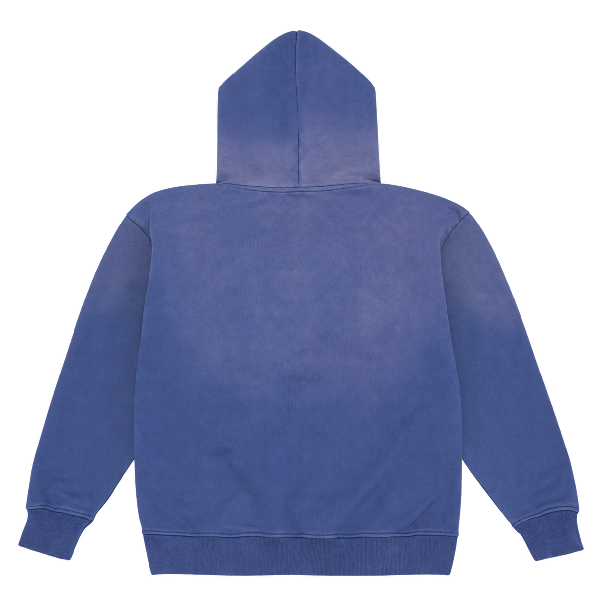 The back of a vintage blue, heavyweight fleece They Love Me Hoodie By Doc, featuring a relaxed fit with ribbed cuffs and a matching ribbed hem against a plain, light background.