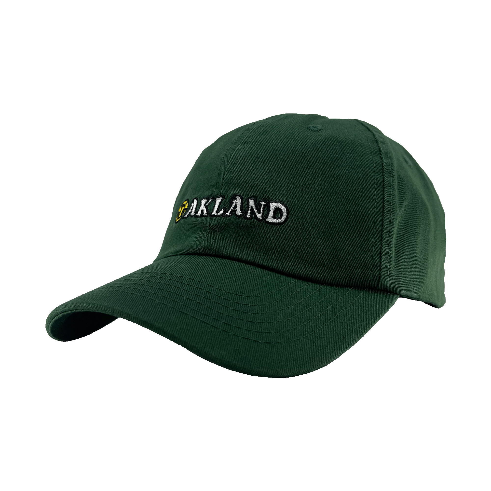 The Happy Oakland Dad Hat from Oaklandish features the word "OAKLAND" embroidered in white and yellow thread on the front. This dark green cap has a curved brim and a six-panel design with eyelets for ventilation, capturing Bay Area culture with its solid green color.