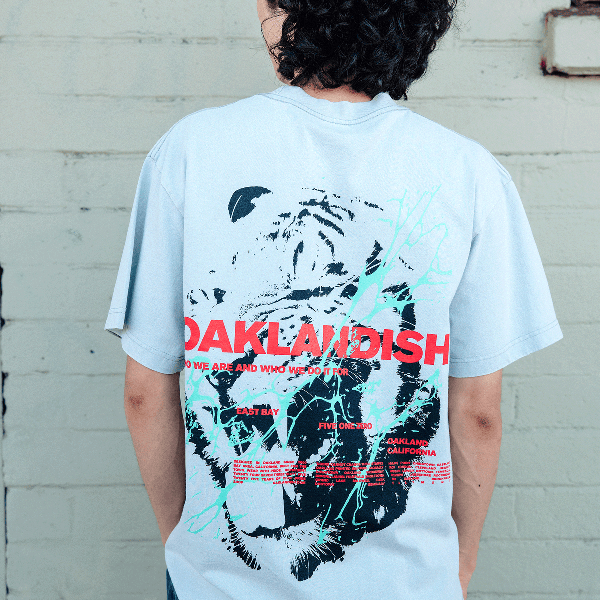 Viewed from behind, a person wears an Oaklandish Tiger Blood Tee, a light blue classic fit t-shirt featuring a black-and-white tiger face, bold red lettering, bright teal paint splashes, and lines of white city locations.