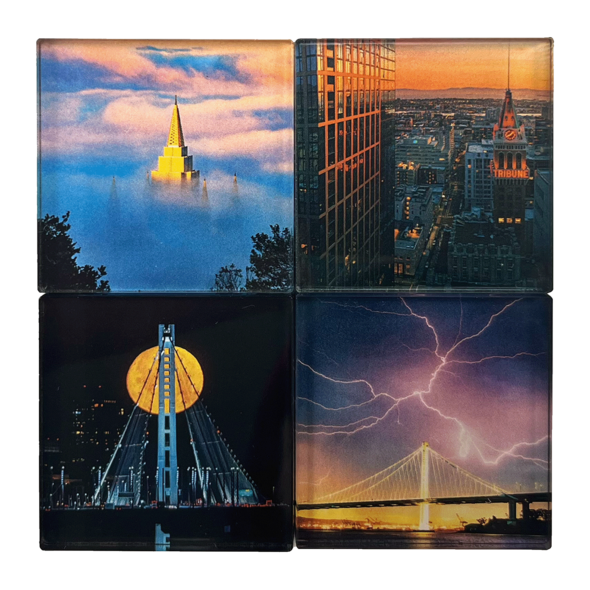 Front view of set of four fridge magnets with images by Oakland photographer Vincent James.