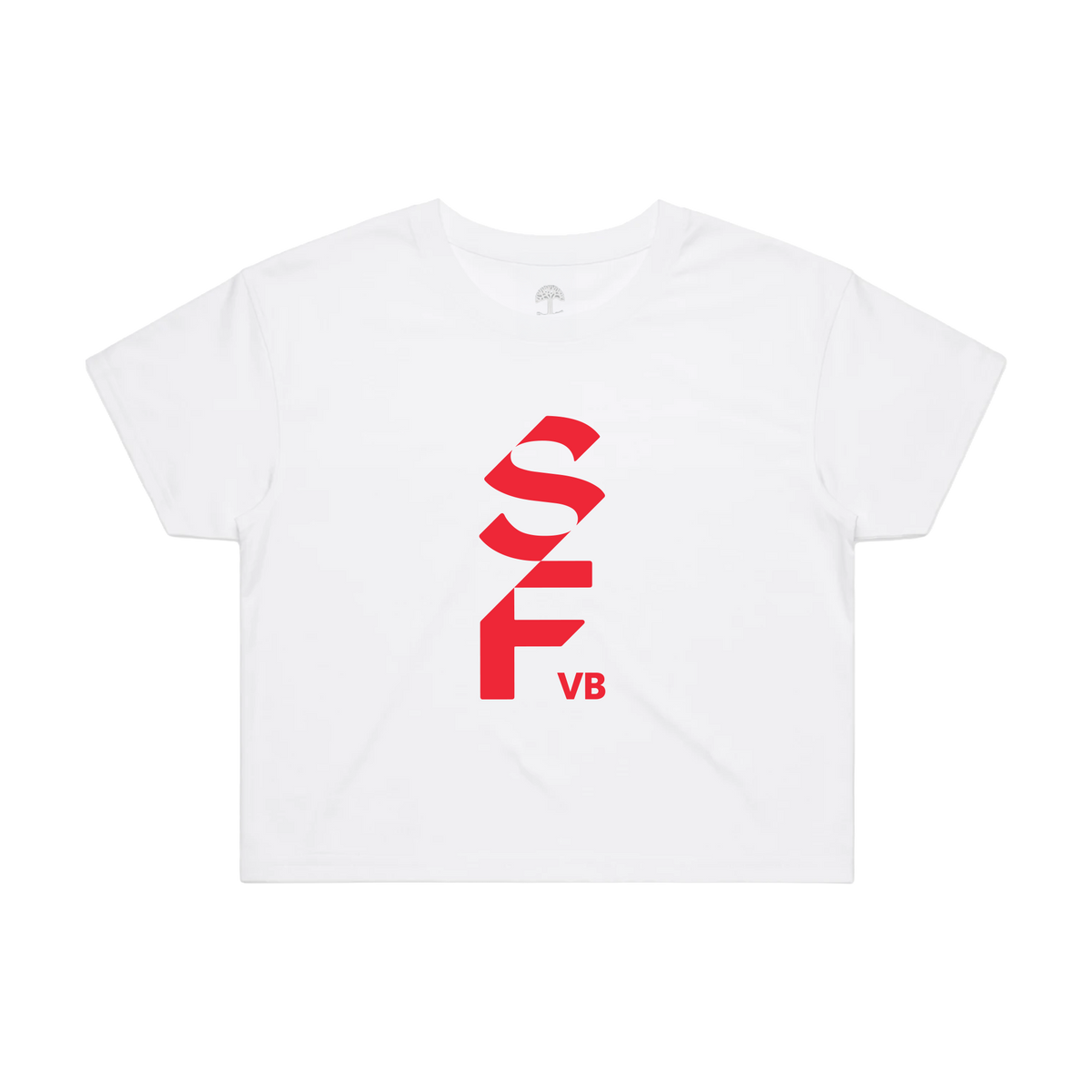 A white, short-sleeved cotton Women’s Ace Crop Tee centered against a light gray background, featuring a bold red SF Signal graphic on the chest with stacked, stylized letters spelling SF over smaller letters reading VB.