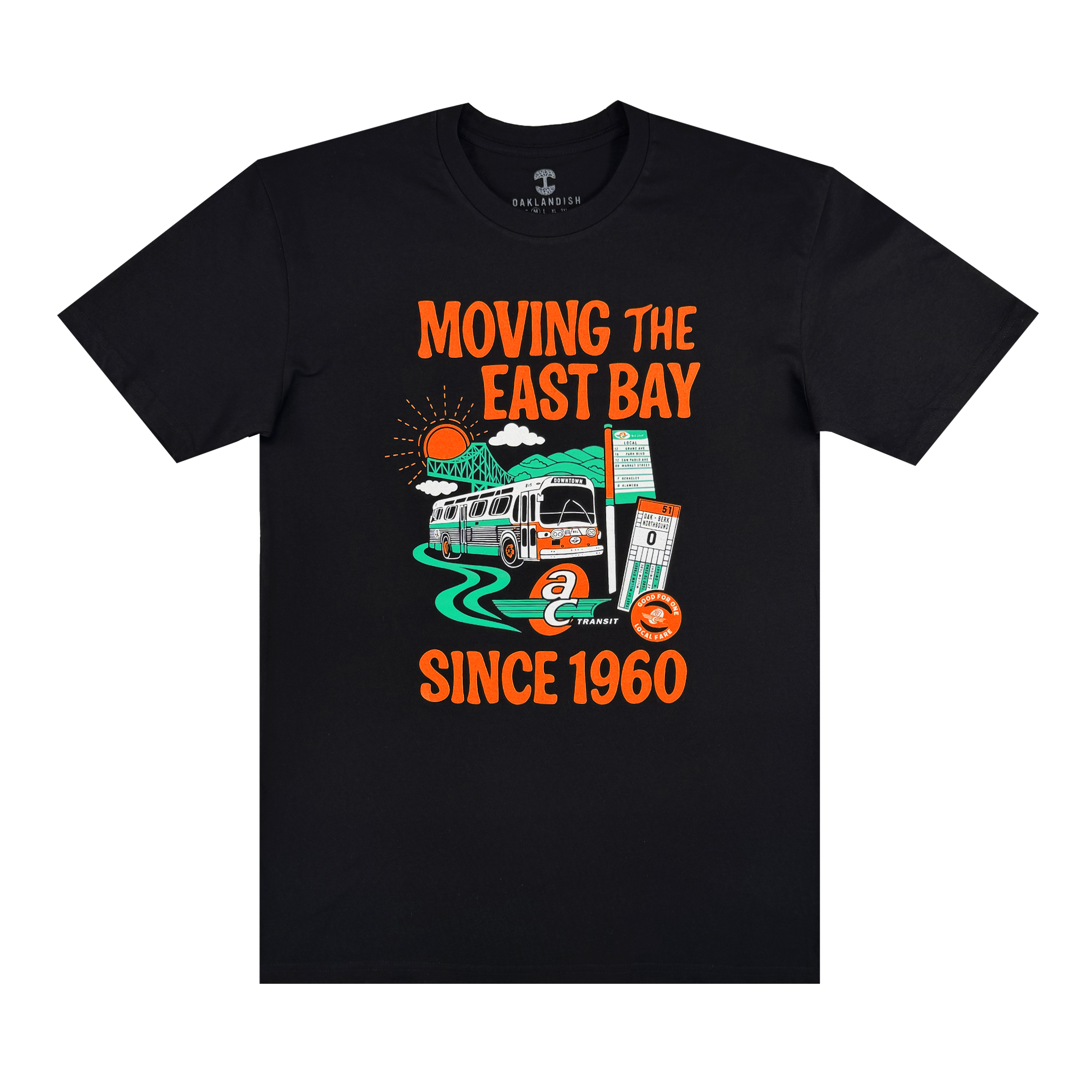 The Oaklandish AC Transit Moves The East Bay Tee is a black vintage shirt with colorful AC Transit bus art, green road, sun, street sign, ticket, and bold "MOVING THE EAST BAY SINCE 1960" text—a tribute to East Bay public transit.