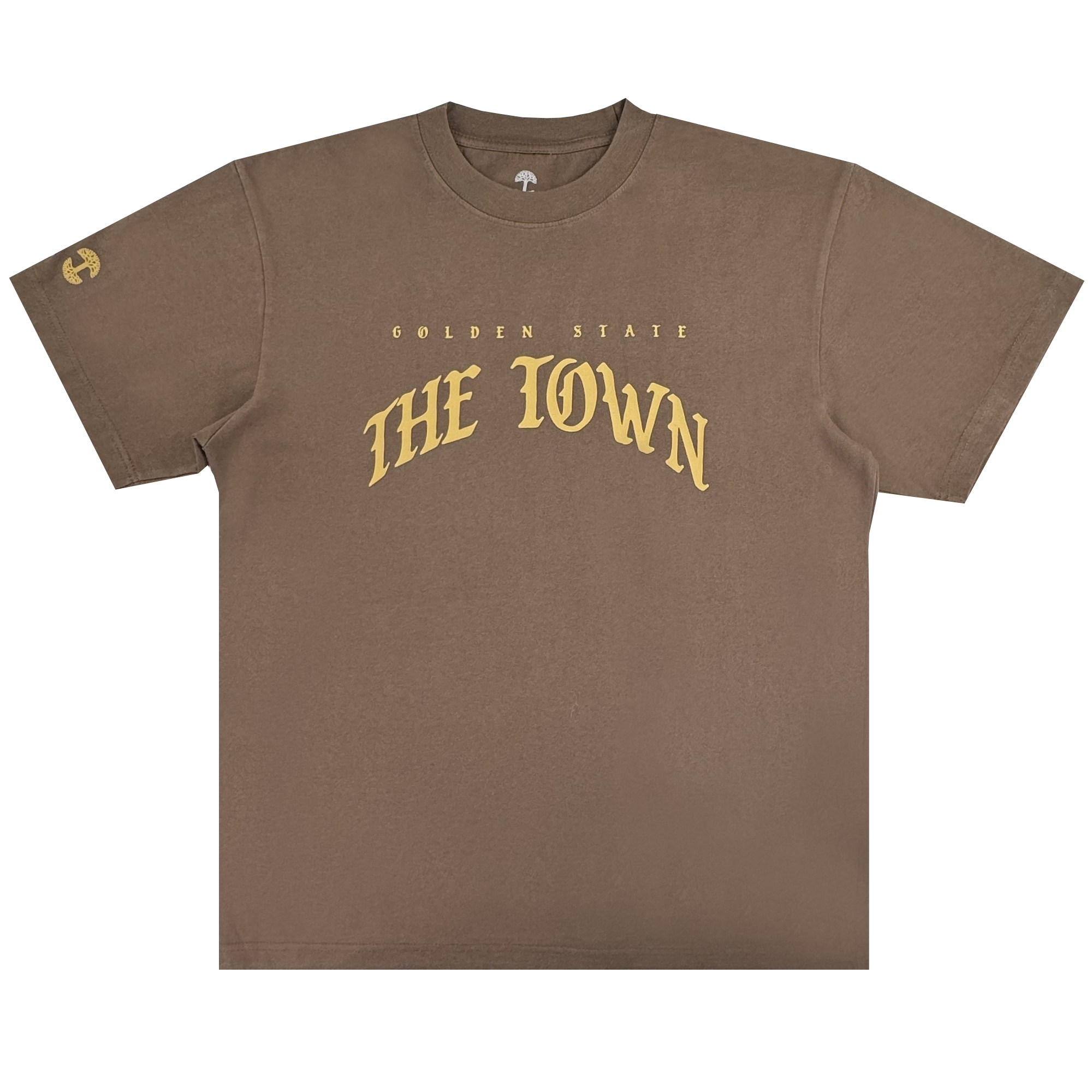 GSW’s Arched Black-Letter Tee features "GOLDEN STATE" and large arched "THE TOWN" text on the chest, inspired by the Warriors Town Collection, plus a subtle circular logo on the left sleeve. Brown short-sleeve design with a plain background.