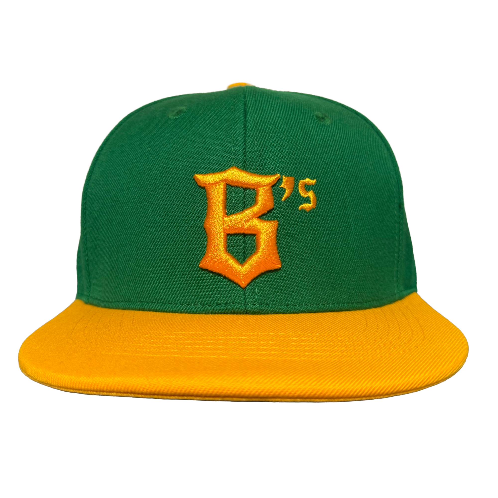 The Oakland Ballers Snapback by Oakland Ballers is a green cap with a bright yellow brim and a bold yellow "B’s" logo on front, representing the team. A plain white background highlights its vivid colors and sharp design.