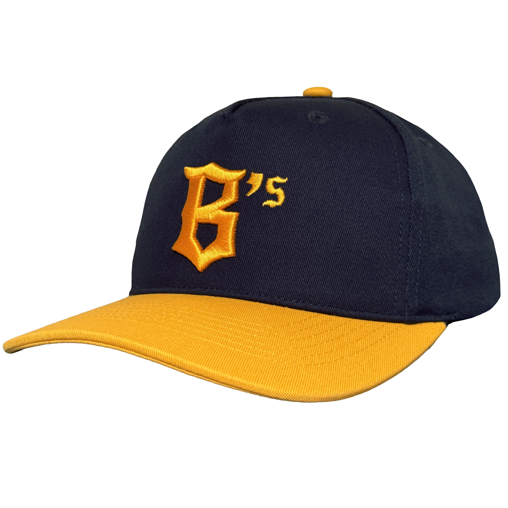 The Oakland Ballers 5 Panel Cap features a black snapback design with a curved yellow brim, bold yellow “B’s” logo, and matching top button—ideal for any Oakland baseball fan. Brand: Oakland Ballers. Plain white background.
