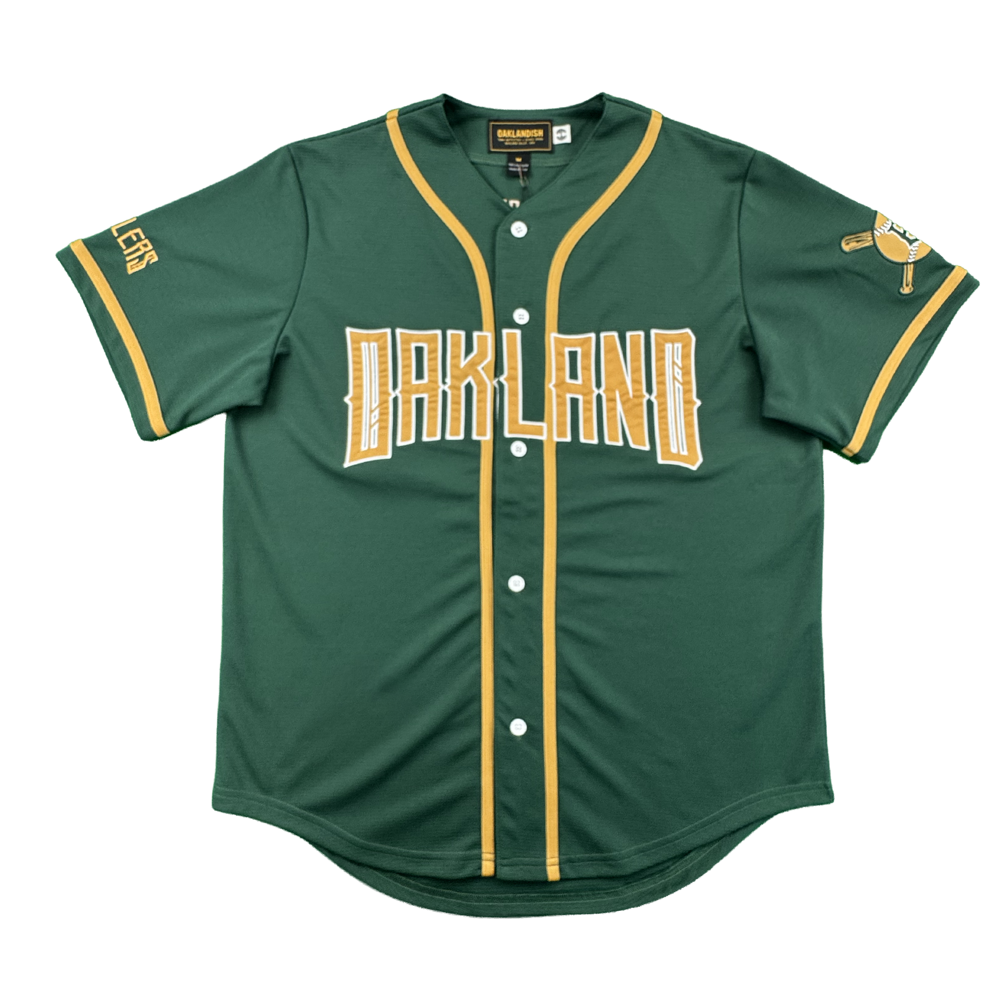 The Oakland Ballers’ Oakland Button Up Jersey is green with “OAKLAND” in bold yellow and white on the chest, yellow trim, white buttons, a crossed bats patch, and “ATHLETICS” in yellow—perfect for fans of this Oakland baseball team.
