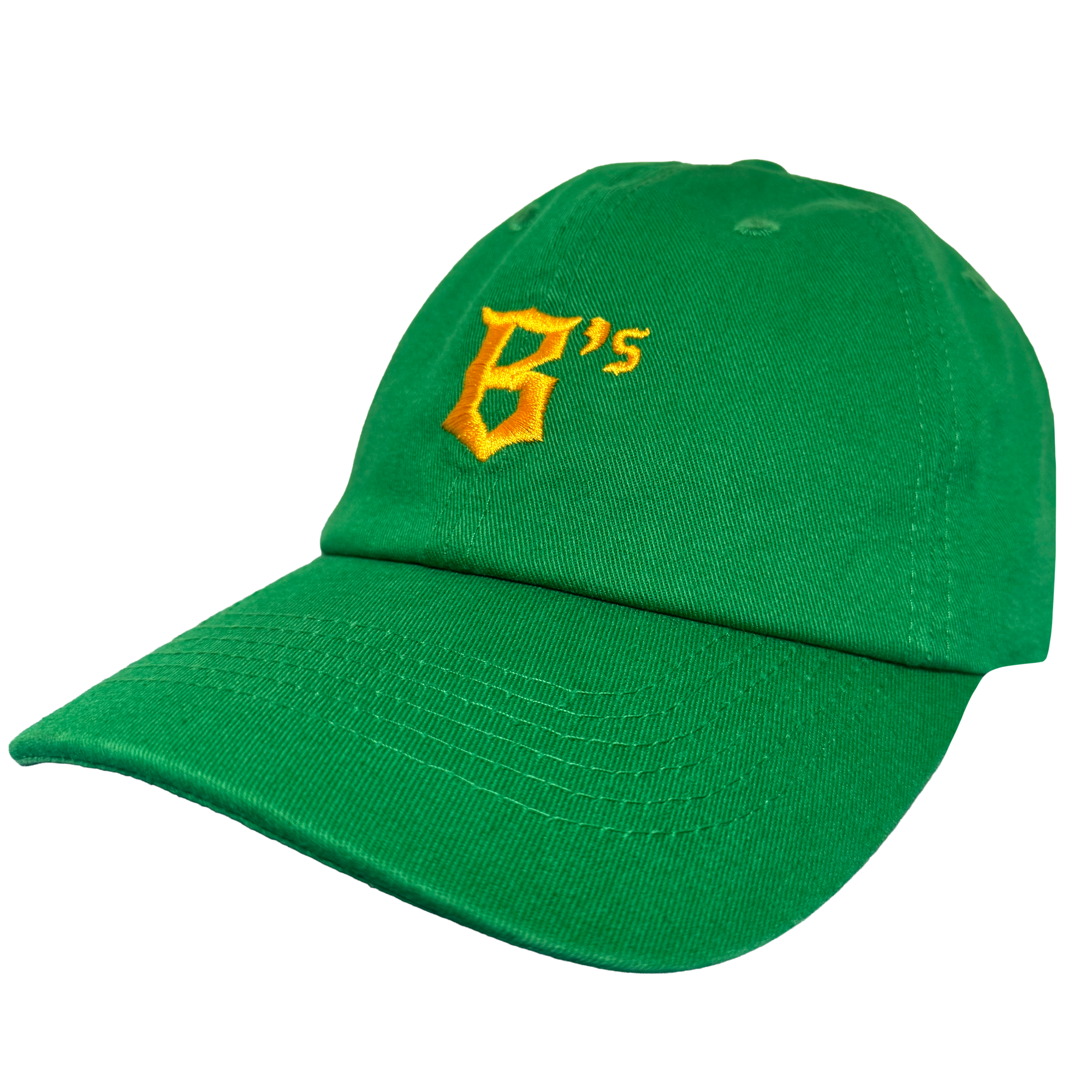 The Oakland Ballers Dad Hat by Oakland Ballers is a green cap with a yellow embroidered “B’s” on the front, inspired by the pro baseball team. It features a curved brim, visible stitching, and is shown against a plain white background.