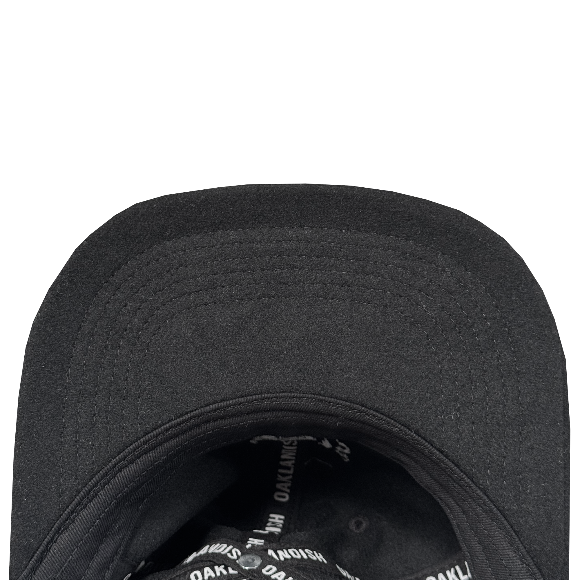 Close-up of the Oakland Ballers B Strapback underside with a curved brim and interior lining. The black sweatband area features repeated white "OAKLAND BALLERS" branding. The hat is shown against a white background.