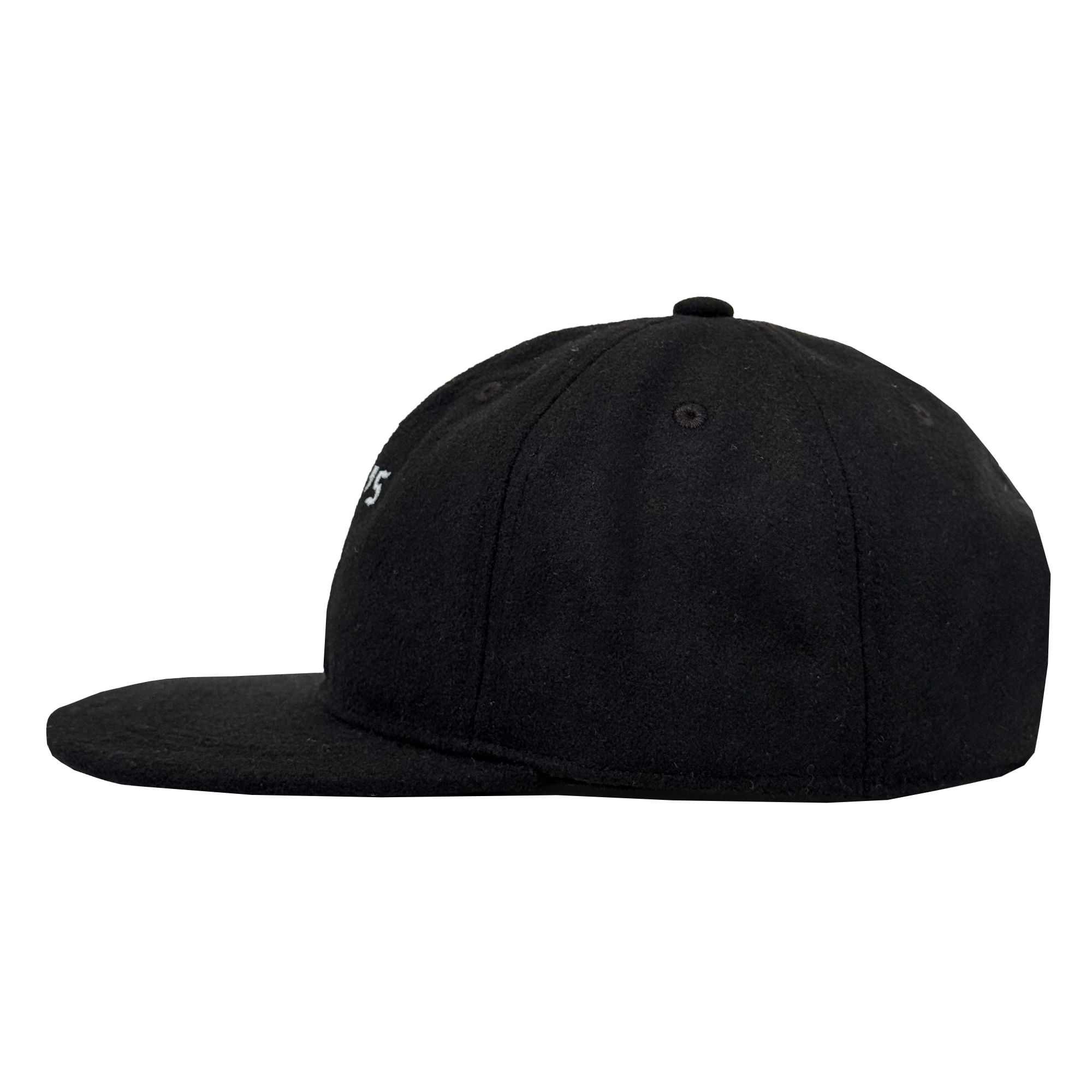 The Oakland Ballers B Strapback by Oakland Ballers is a black six-panel hat with a flat brim and adjustable strapback. Viewed from the side, it looks plain except for a small section of white embroidered text on the front left edge.