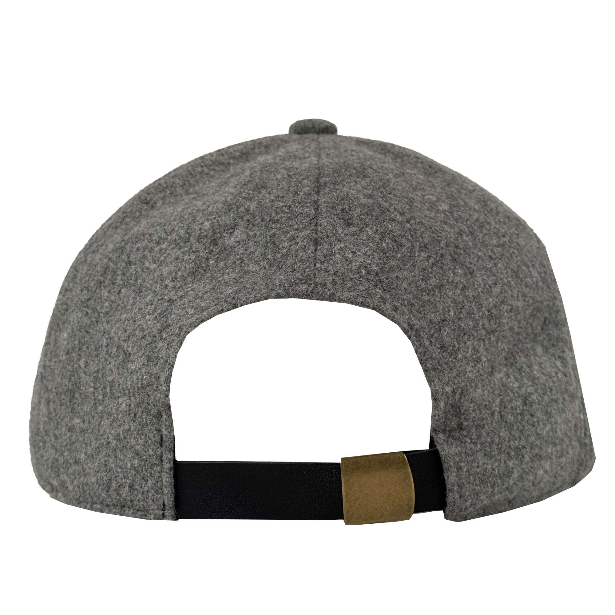 The Oakland Ballers B Strapback by Oakland Ballers is a grey polyester wool hat shown from the back, featuring a black adjustable strap with a brass clasp, soft rounded crown, embroidered detail, and top button. White background.