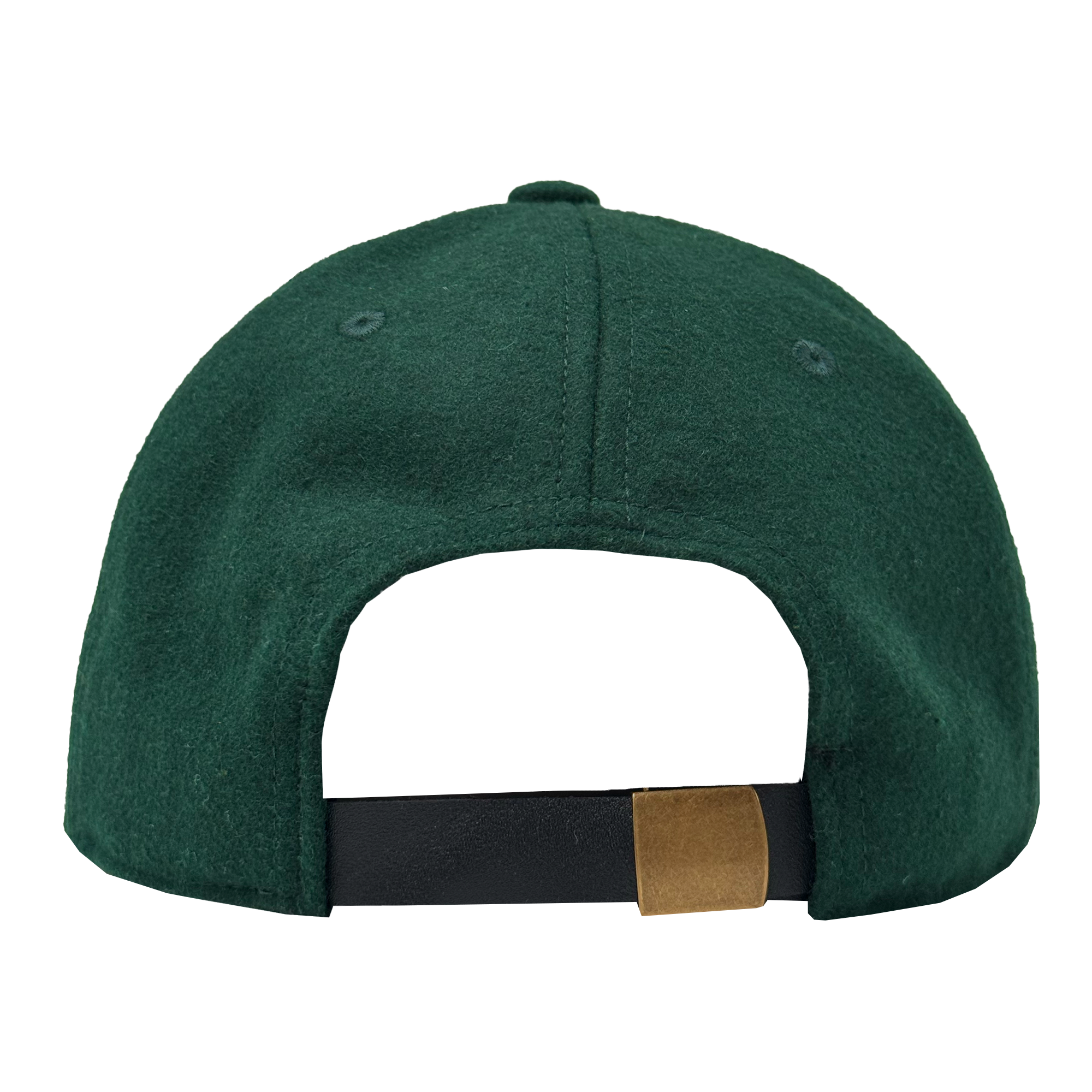 The Oakland Ballers B Strapback by Oakland Ballers is a dark green hat viewed from the back, featuring a black adjustable strapback with a brown buckle, soft textured fabric, and two ventilation eyelets. The background is white.