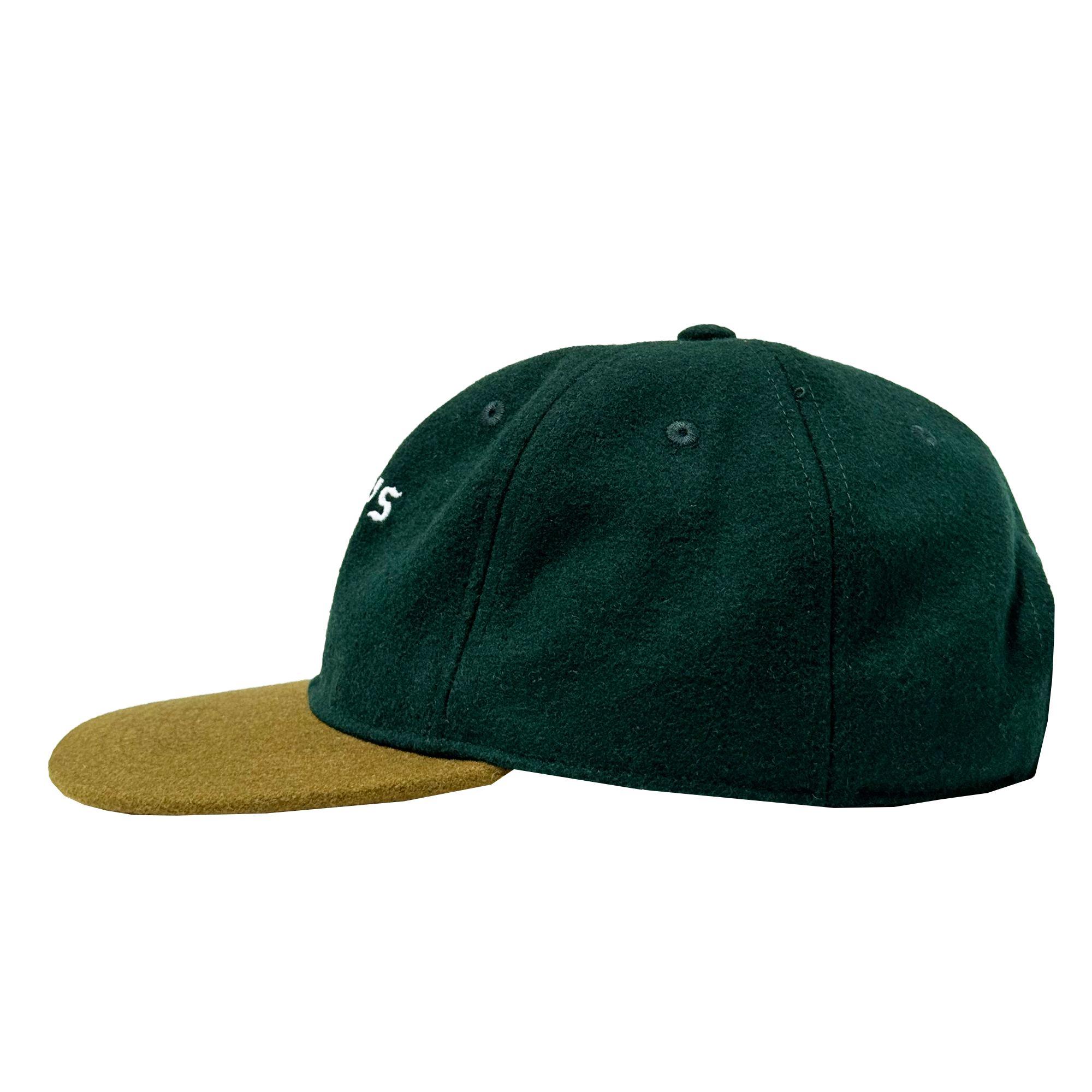 The Oakland Ballers B Strapback by Oakland Ballers is a dark green hat with a brown flat brim, seen from the side. It features stitched eyelets, a white embroidered front left design, and an adjustable strapback. Set against a plain white background.