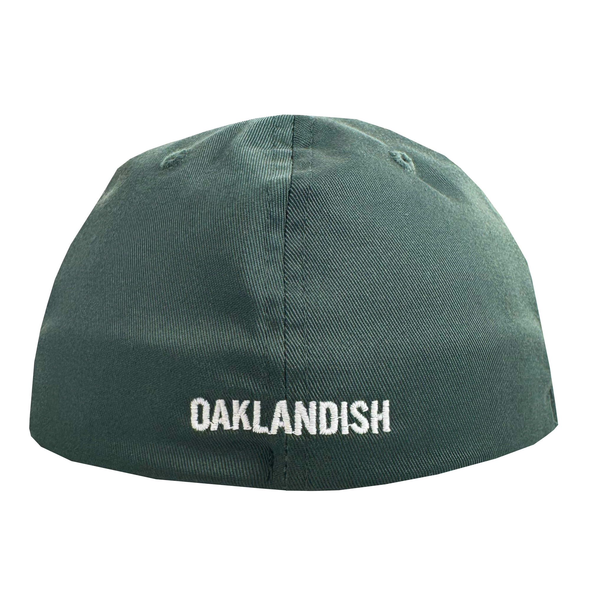 The Oakland Ballers Flexfit Cap, by Oakland Ballers, is a green cap with "OAKLANDISH" boldly embroidered in white on the back. Featuring two stitched eyelets and textured fabric, it celebrates local pro baseball pride.