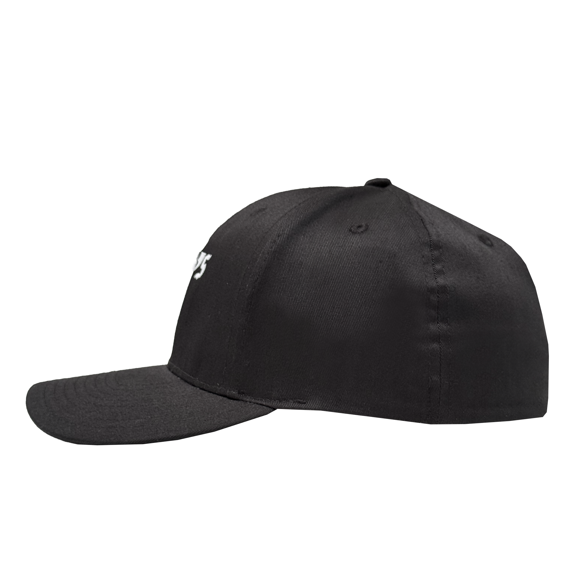 A black Oakland Ballers Flexfit Cap, shown from the left side, features a curved brim and smooth polyester fabric. Partially visible white "Oakland Ballers" lettering appears on the front, with no other logos or embellishments.