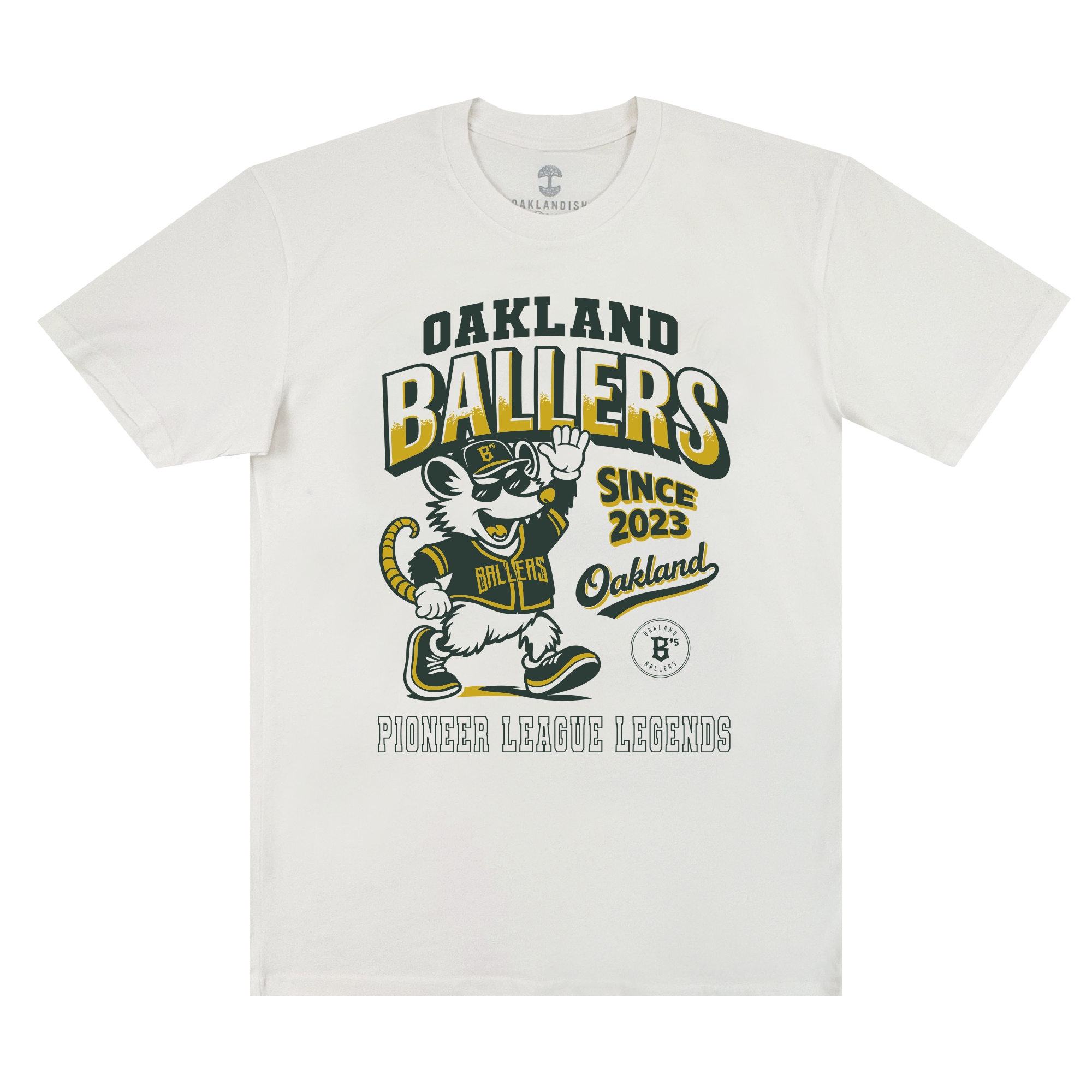 The Ballers Heritage Tee by Oakland Ballers features a cartoon mouse in an Oakland Ballers uniform, waving. The shirt displays the text: “OAKLAND BALLERS SINCE 2023 Oakland PIONEER LEAGUE LEGENDS.” Designed in yellow, green, and black, this tee celebrates the spirit of the Oakland baseball team.
