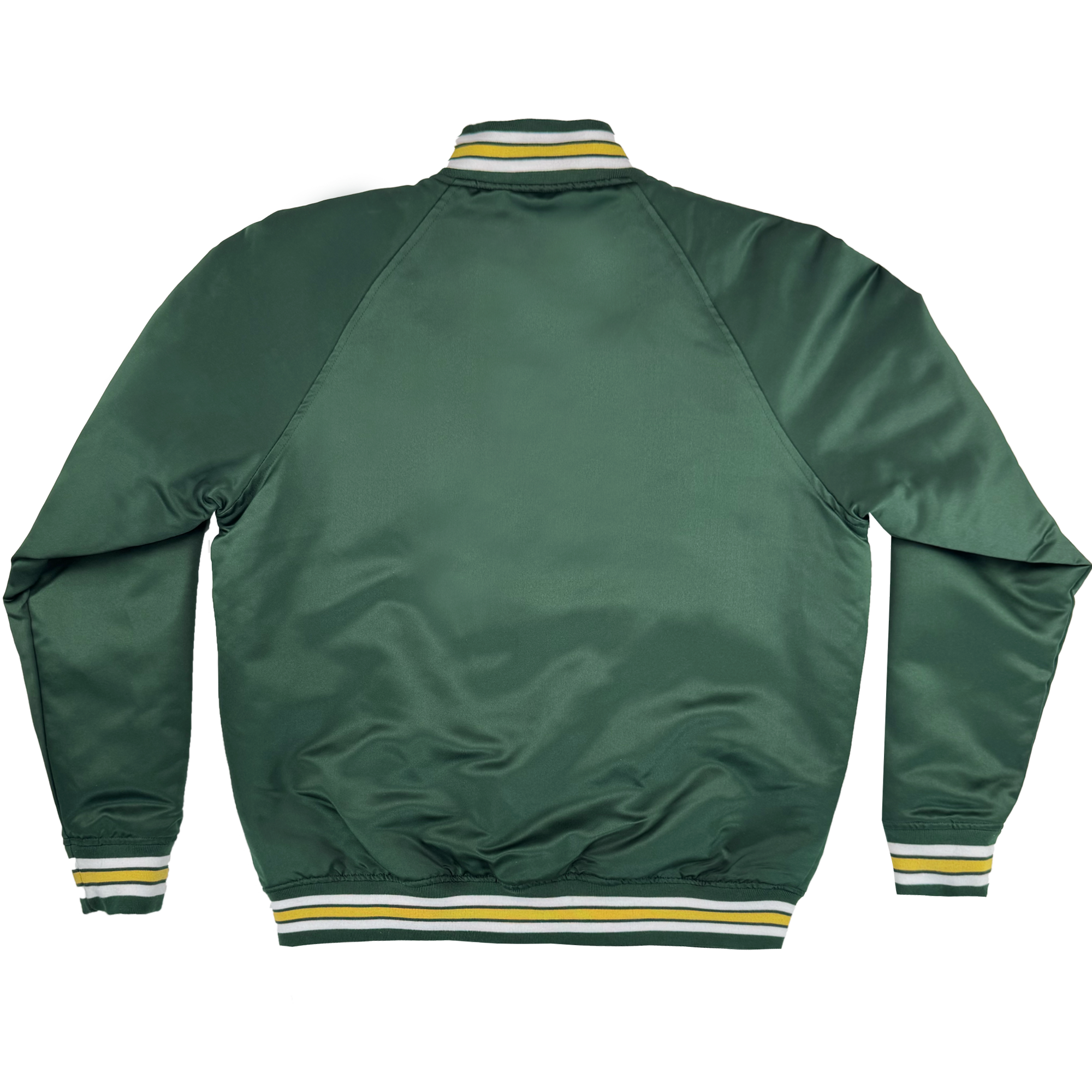 The Oakland Ballers Satin Jacket features a green, shiny finish with ribbed cuffs, collar, and waistband accented by yellow and white stripes. Inspired by the Oakland baseball team, it has long sleeves and no visible logos or designs. Brand: Oakland Ballers.