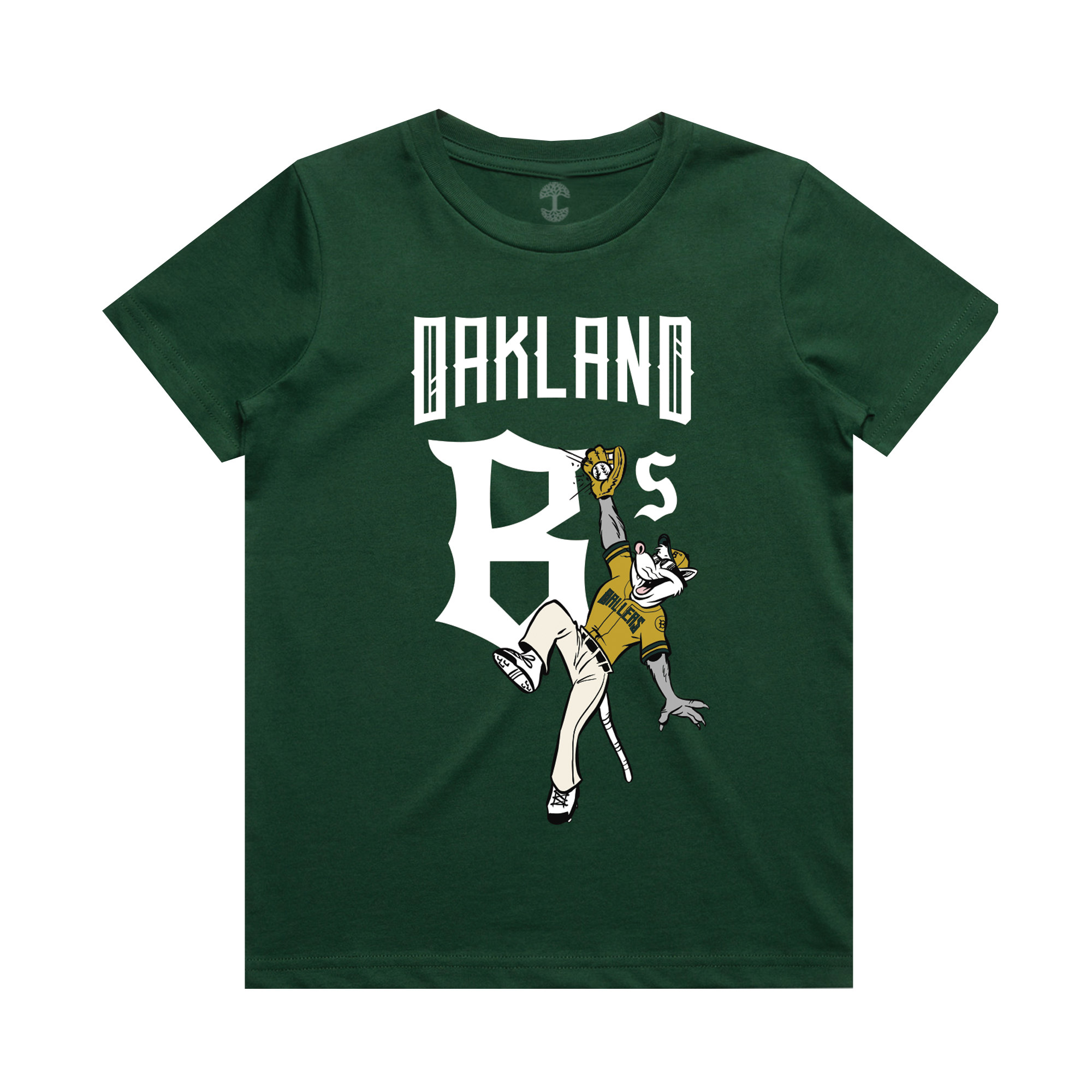The Youth Scrappy Jumps Tee by Oakland Ballers is a dark green shirt with bold white “OAKLAND” text and a playful cartoon mouse in an Oakland Ballers jersey leaping to catch a ball, celebrating team spirit.