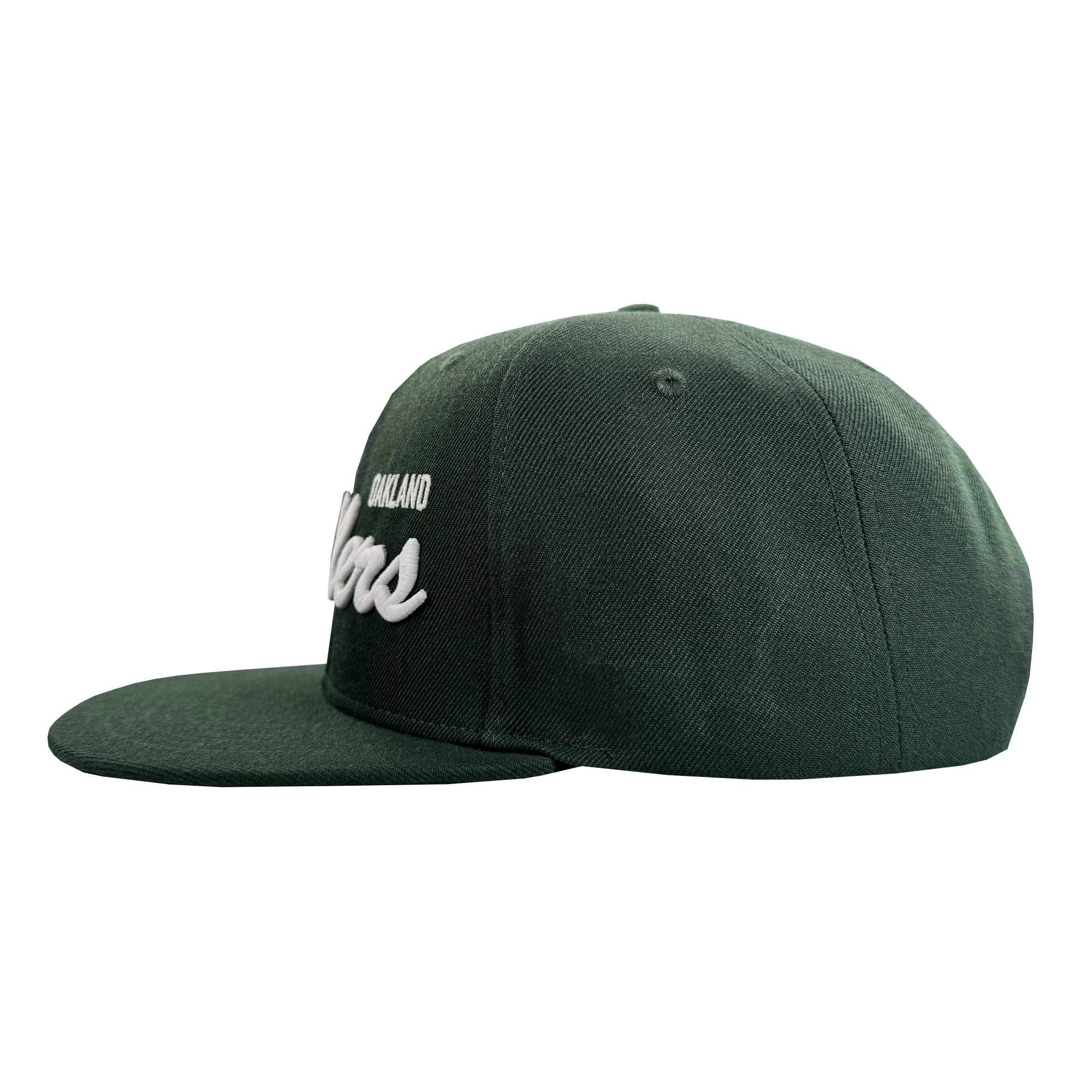 The Oakland Ballers Script Snapback by Oakland Ballers is a dark green hat with a flat brim, shown from the side. The front displays raised white embroidery reading “Oakland” and “A’s”; back and top are plain.