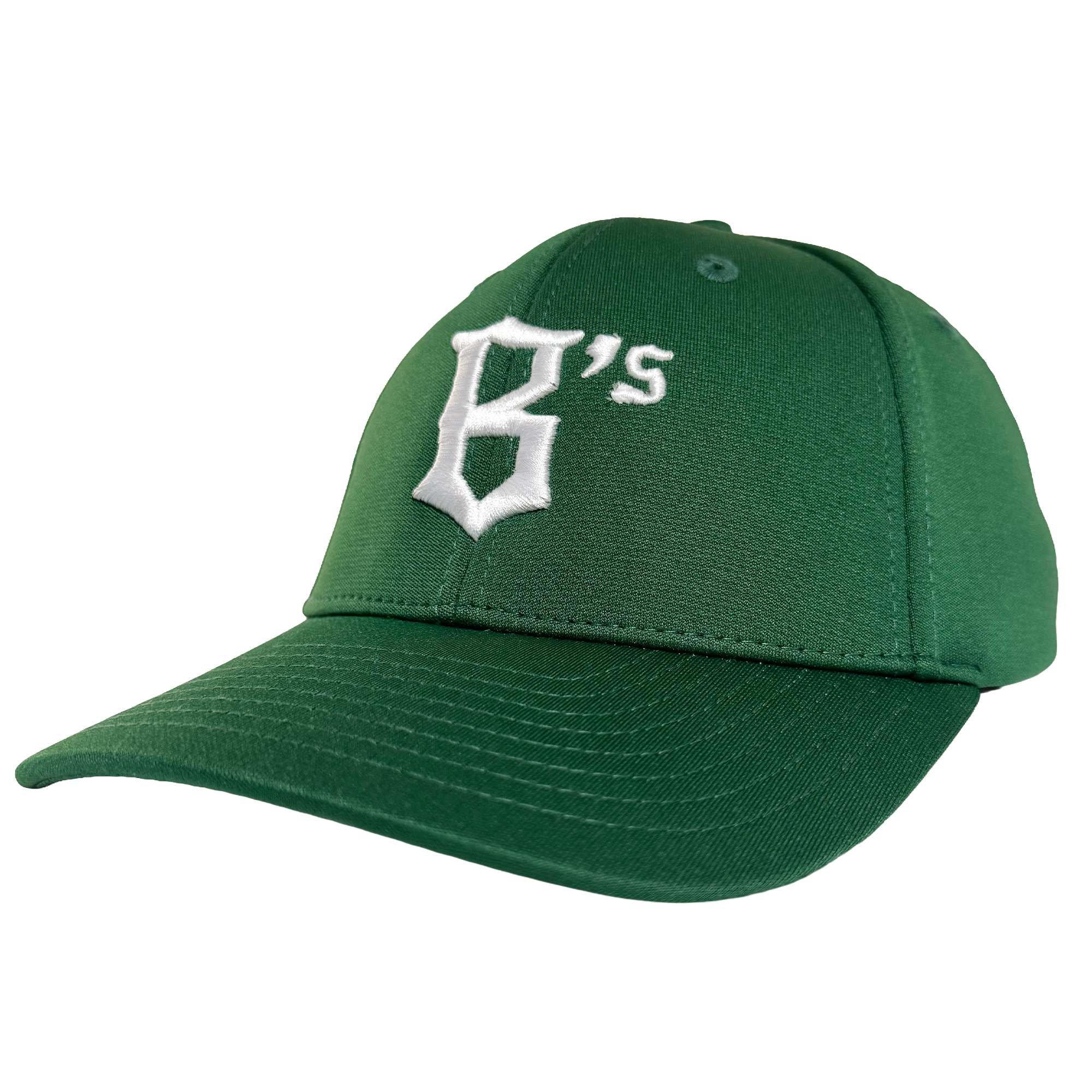 The Oakland Ballers Logo Flexfit Hat, by Oakland Ballers, is a green cap with a curved brim and a bold white embroidered "B's" in old English font on the front—perfect for Pioneer League’s newest team fans. Plain white background.