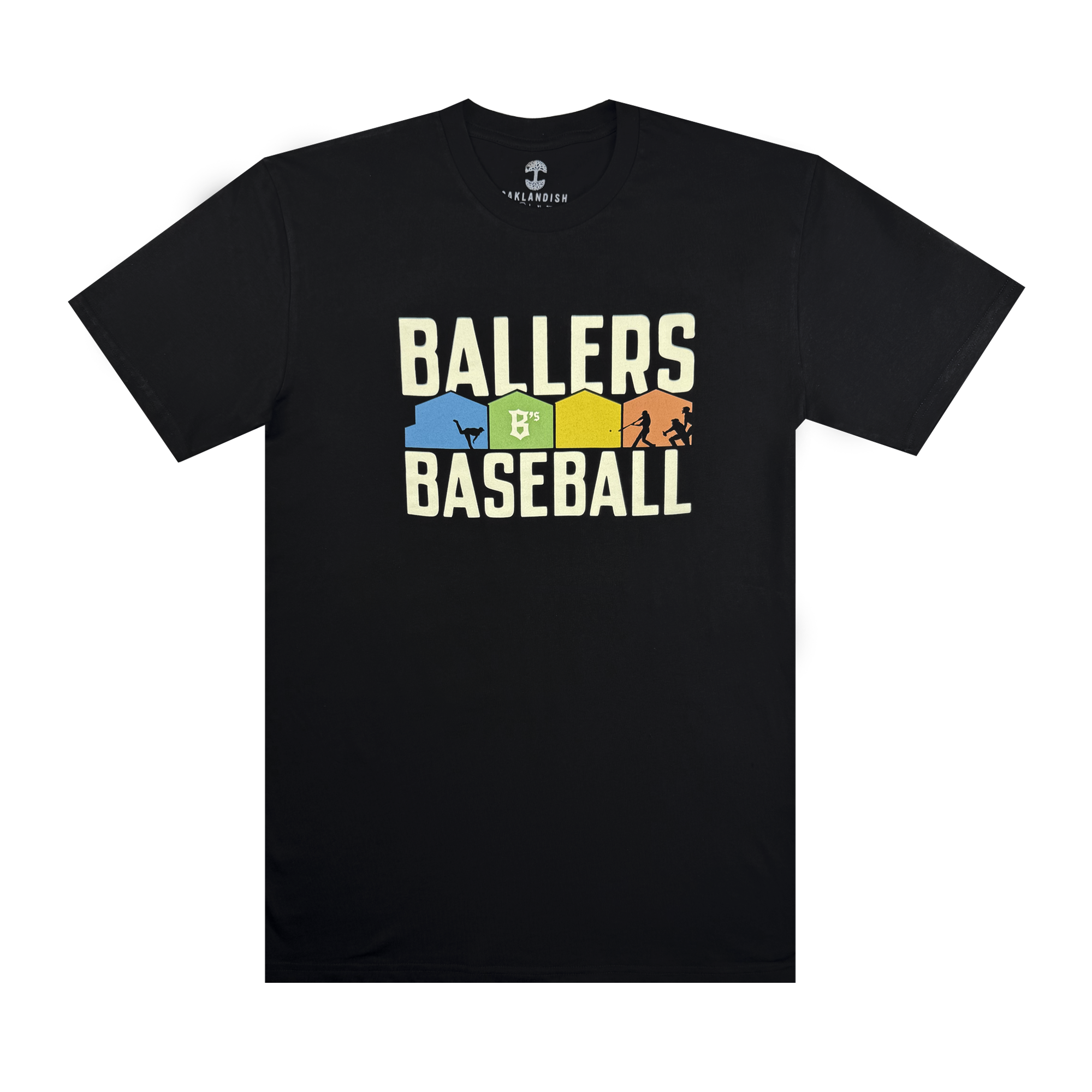Show your Oakland Ballers pride with the Warehouse Tee—a black T-shirt featuring “Ballers Baseball” in bold white letters and four colorful action silhouettes, celebrating this Pioneer League pro baseball team.