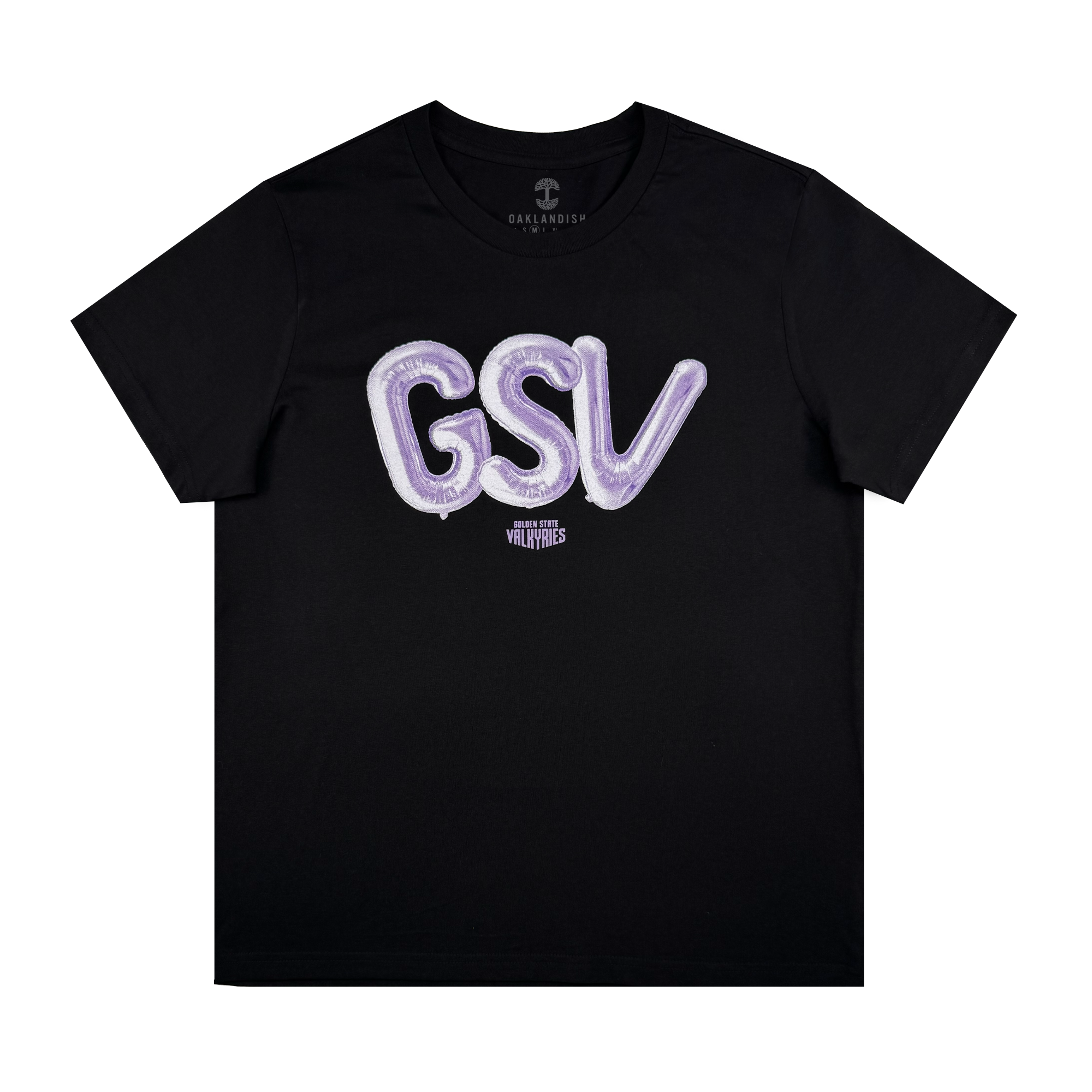 The Women's Golden State Valkyries Balloons Tee by GSV is a black classic fit women's t-shirt with large shiny purple "GSV" balloon letters and small white "WILD WARRIORS" text below, shown flat on a white background.