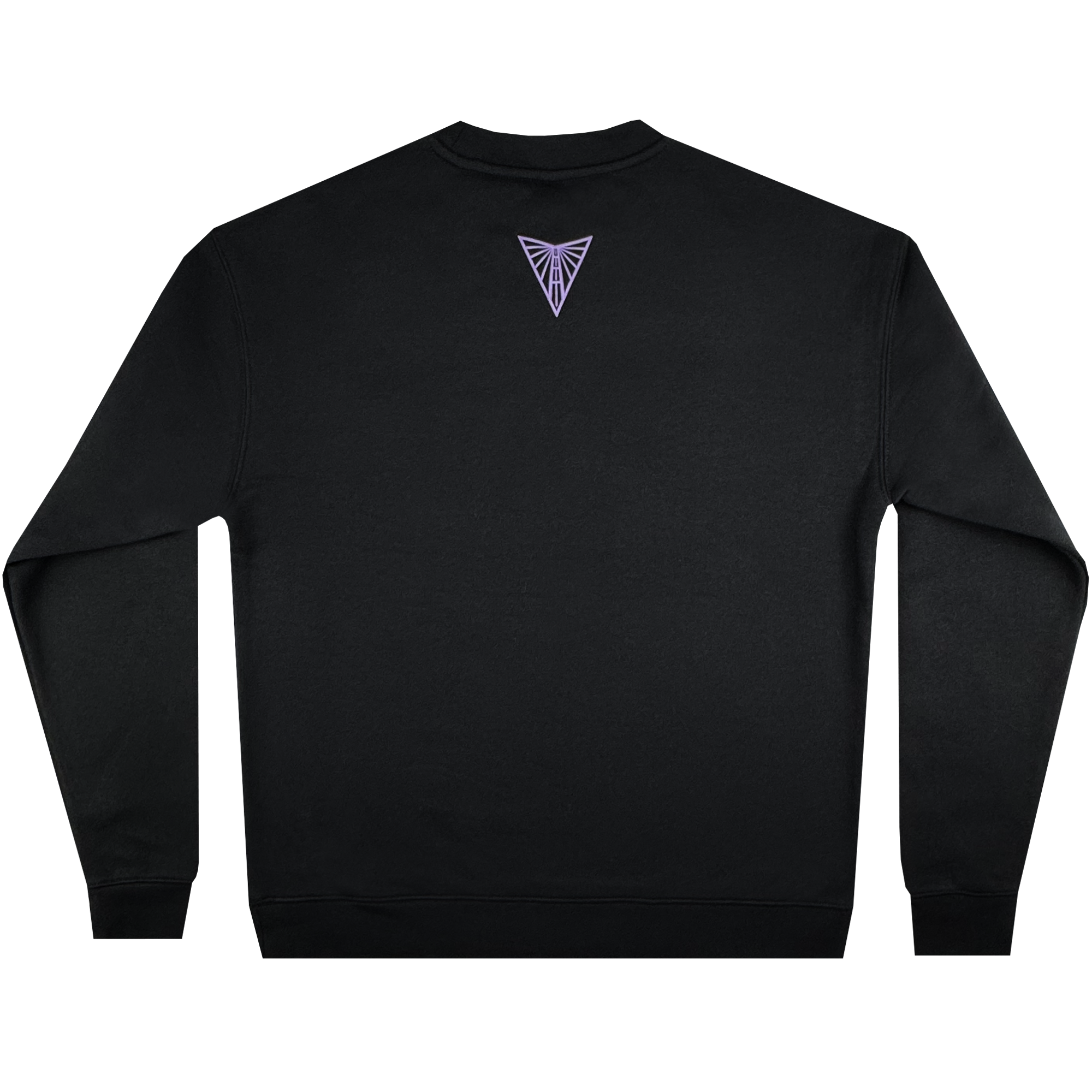 The Golden State Valkyries Balloons Crew by GSV is a black crewneck sweatshirt, shown laid flat from the back, with a small purple triangular logo below the neckline and no other visible designs or text.