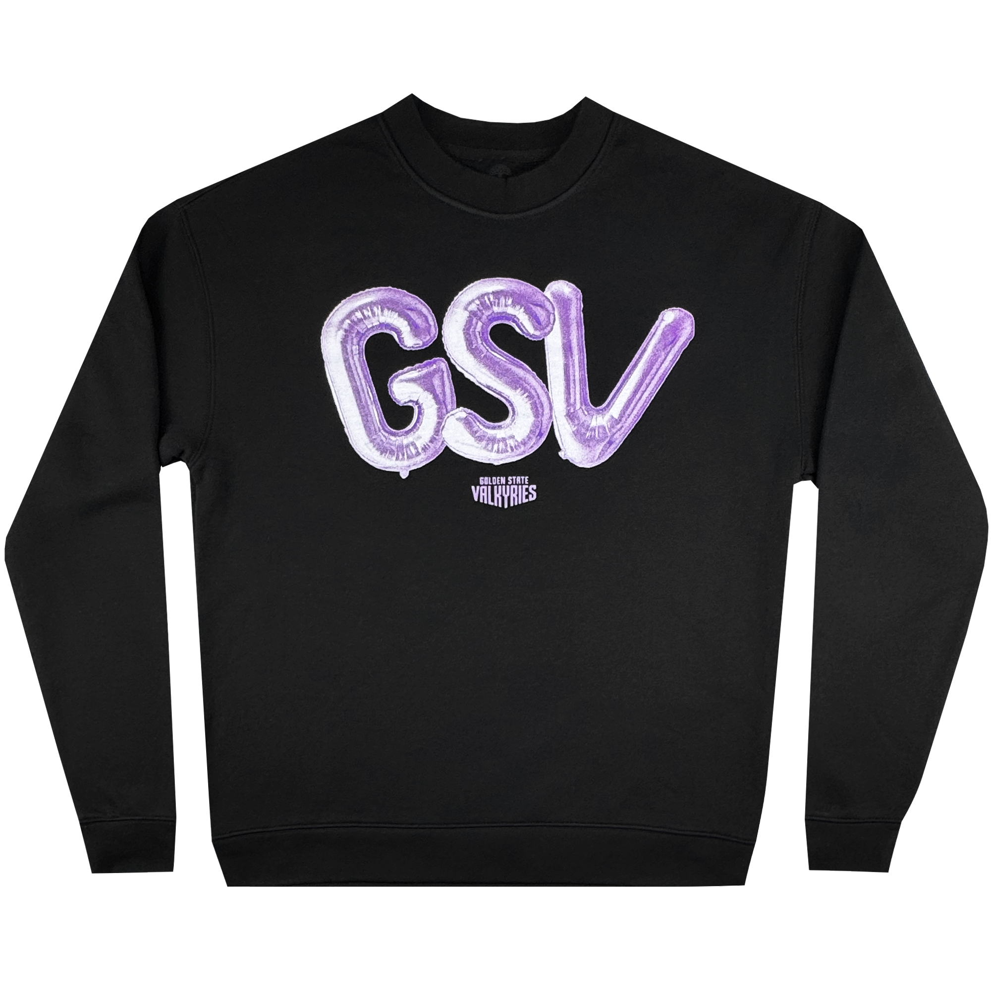 The GSV Golden State Valkyries Balloons Crew is a black crewneck sweatshirt with bold, shiny purple “GSV” balloon letters and “HOUSE OF VALKYRIES” in white below—officially licensed and perfect for Valkyries fans.