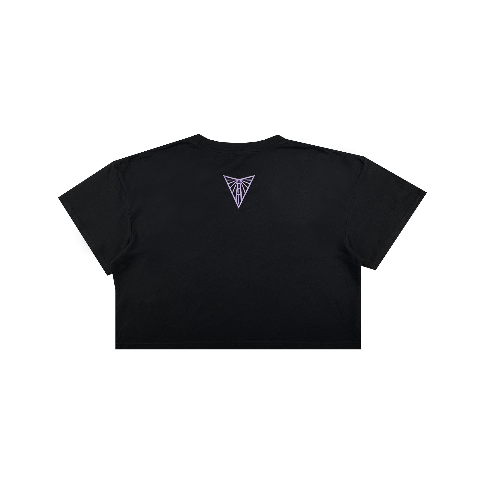 The Women's Golden State Valkyries Balloons Crop Tee by GSV is shown from the back in black, featuring a small purple geometric emblem near the neckline on a plain background. No other designs or text are visible; background is white.