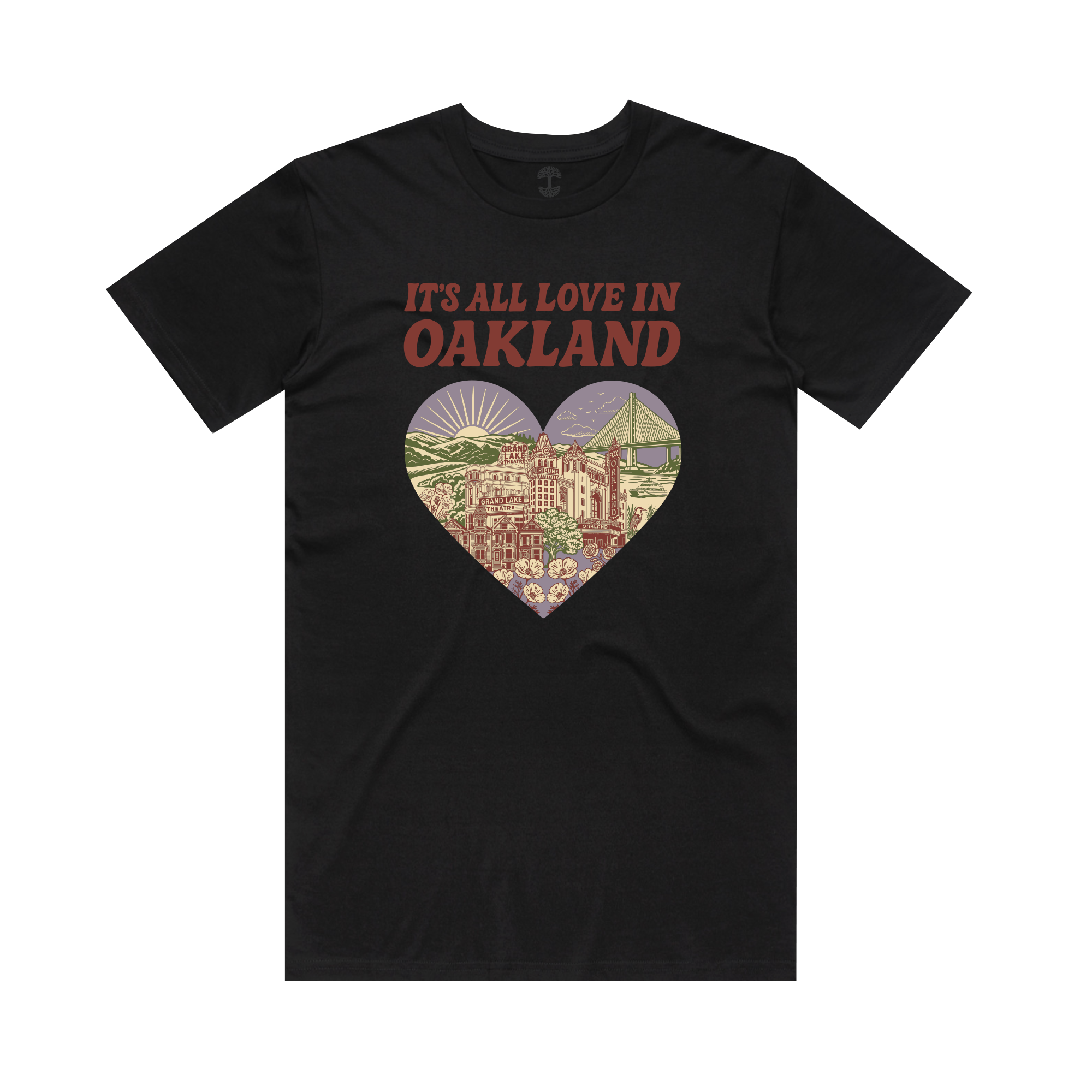 Oaklandish’s “It’s All Love in Oakland Tee” features red text and a heart graphic with city landmarks—buildings, hills, flowers, the port, and Bay Bridge—celebrating The Town’s spirit in soft colors.