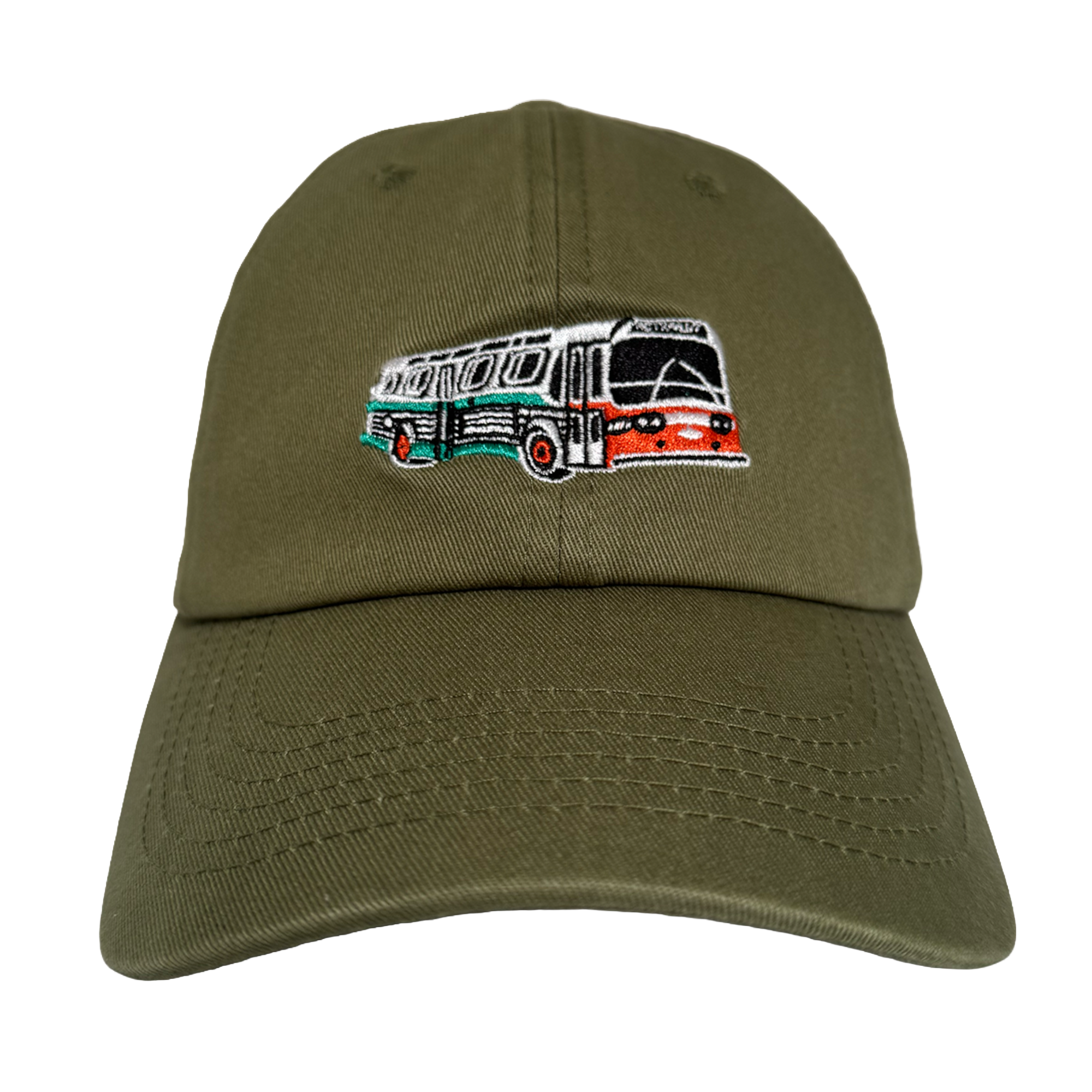 The Oaklandish AC Transit Dad Hat features an olive green, unstructured low-profile design with a retro bus embroidery inspired by classic Latin American buses and East Bay’s AC Transit, adding casual local flair.