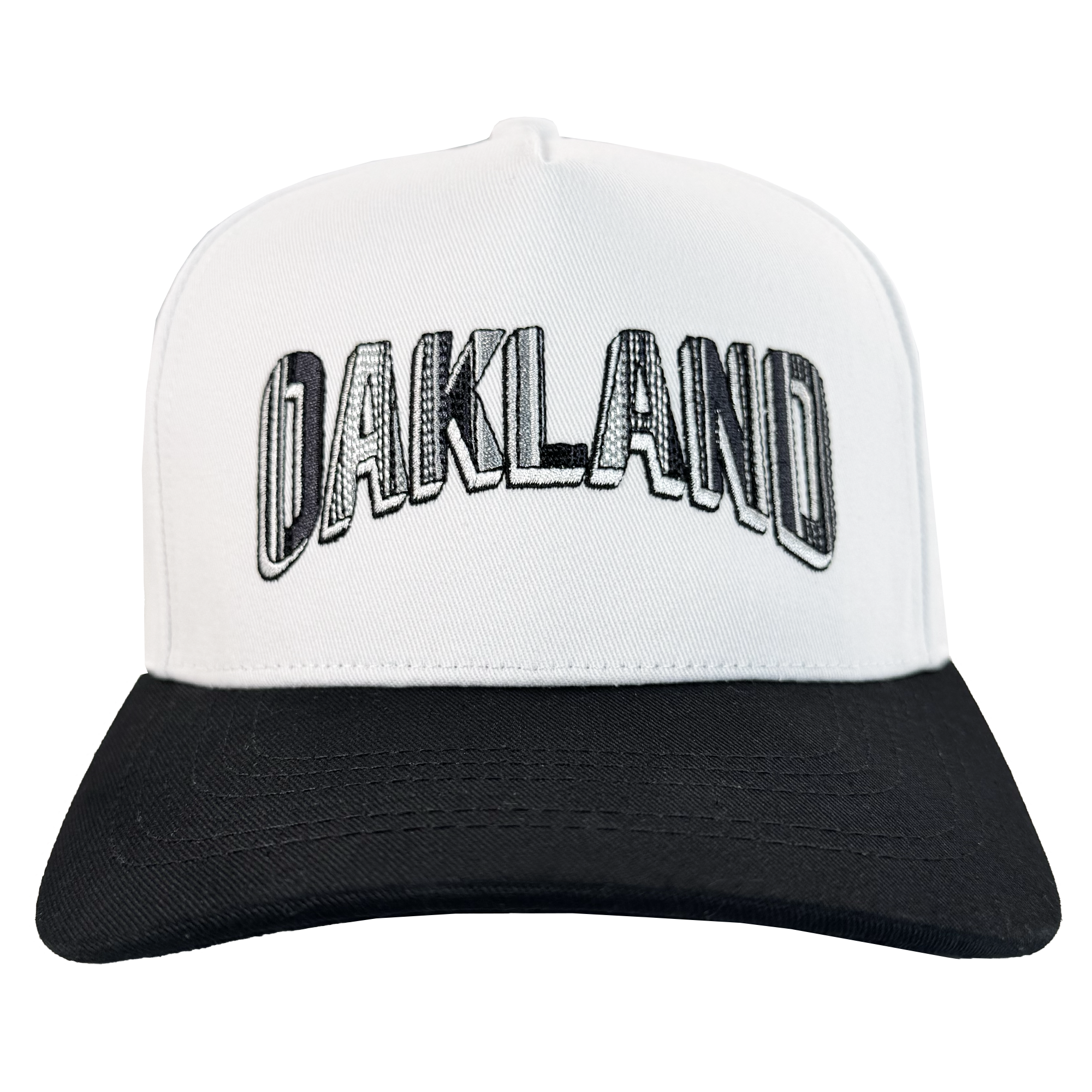 The Oakland Ballers' Oakland Beisbol 5 Panel Cap features a white body with a black bill and bold "OAKLAND" embroidery on the front, shown facing forward on a plain white background.