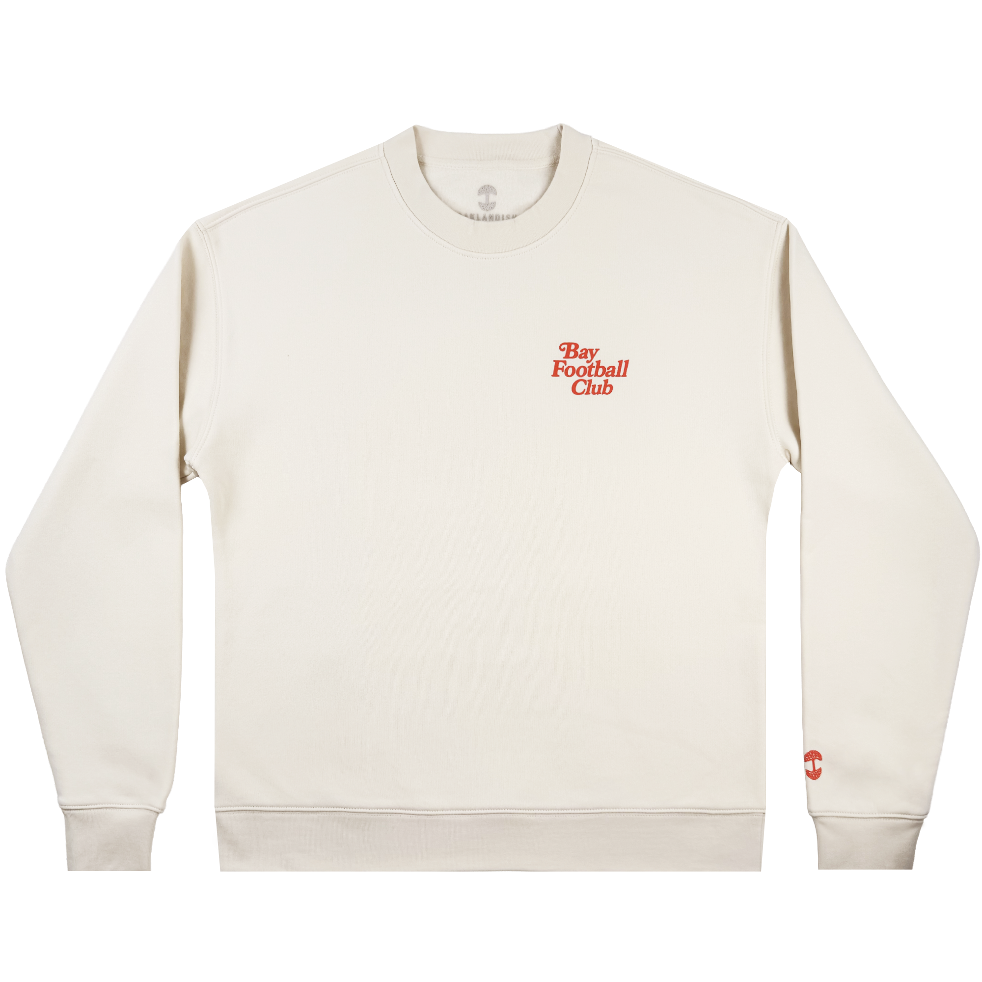 The Bay FC Jubilee Crew is a cream crewneck sweatshirt with "Bay Football Club" in small red text on the left chest and a red logo on the left sleeve cuff. Shown in men's sizing, it’s laid flat on a white background.
