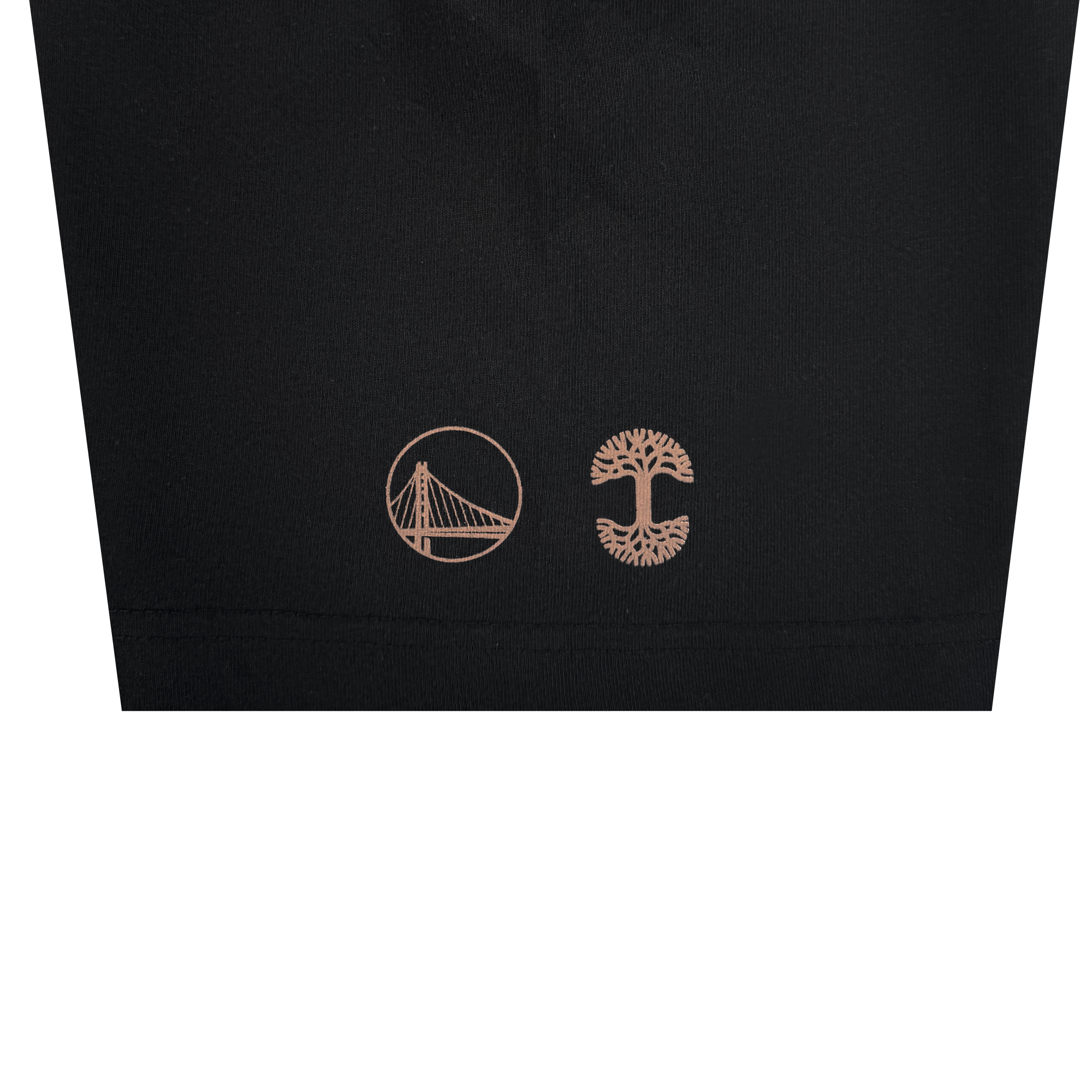A close-up of the GSW Arched Black-Letter Tee shows two tan symbols near the bottom: a stylized bridge in a circle, inspired by the Oaklandish Town Collection, on the left, and a wide-branched tree on the right.