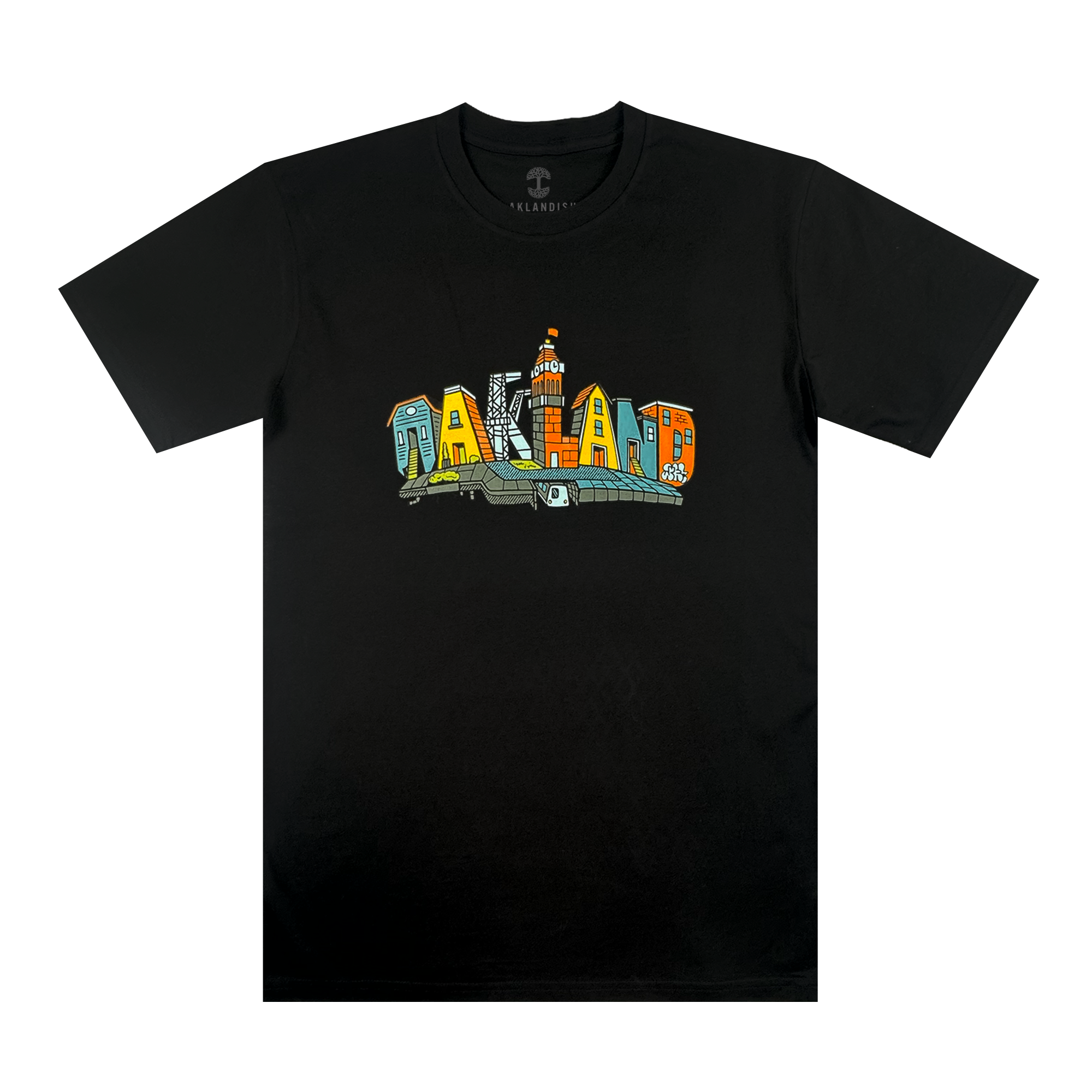 The Blockletters Tee by Oaklandish features "OAKLAND" in bold, colorful block letters with playful patterns. A small illustrated building above the "L" adds a touch of cityscape detail to this vibrant black t-shirt.