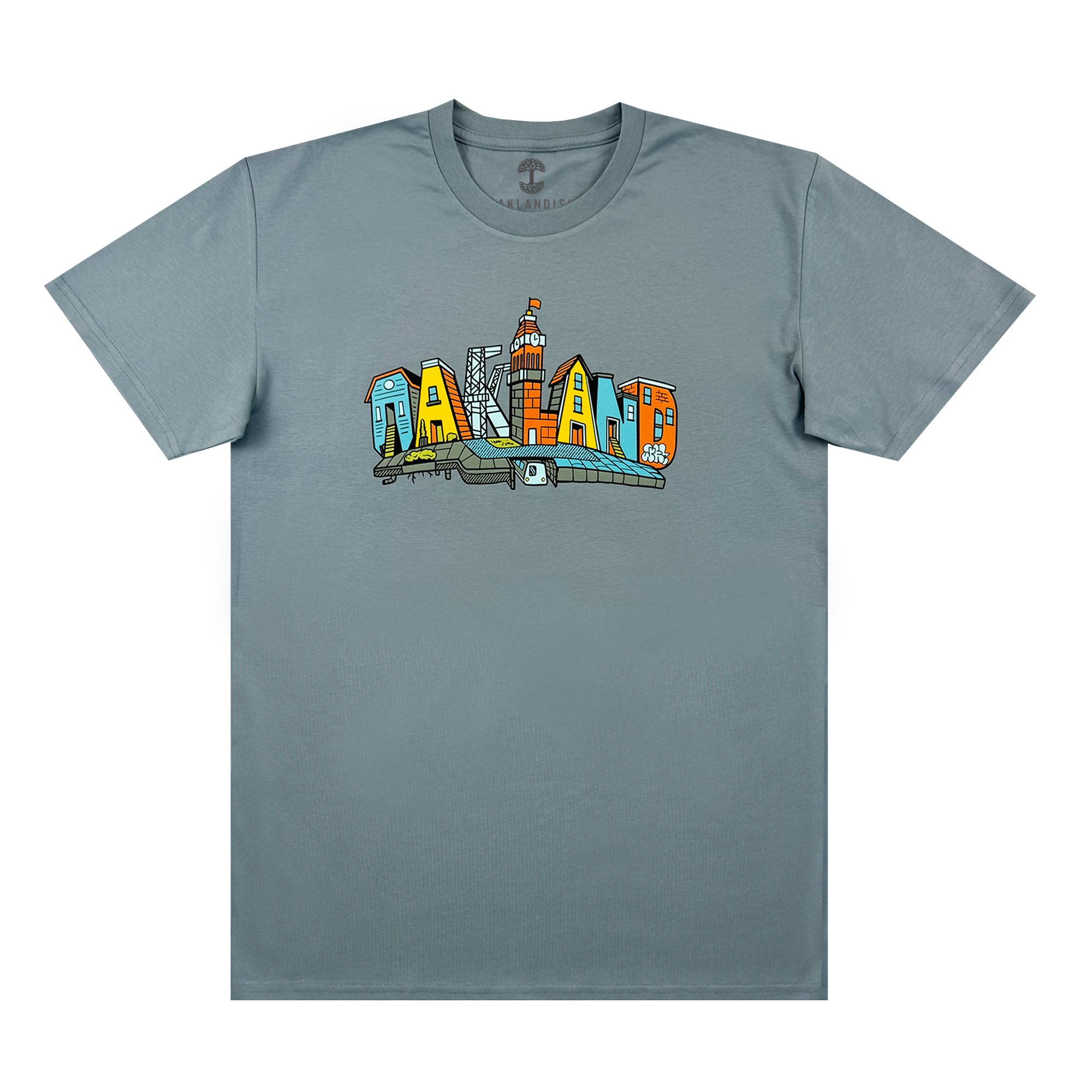The Oaklandish Blockletters Tee is a gray shirt with a vibrant chest graphic spelling “OAKLAND,” each letter styled as a city landmark, including skyscrapers and the skyline.