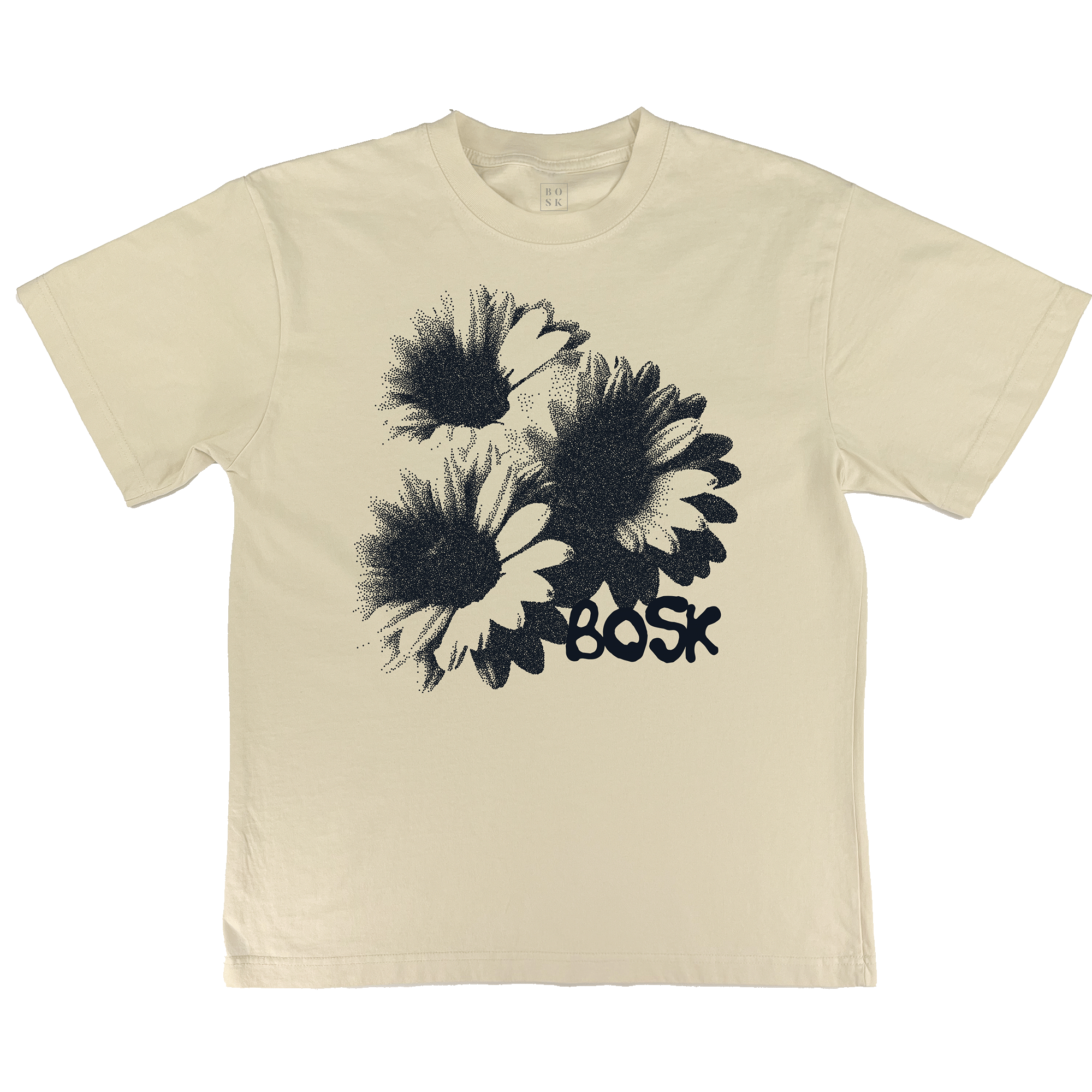 The Floret Tee by BOSK is a men's oversized cream t-shirt with a black graphic of three large daisies and bold "BOSK" graffiti text below, crafted from heavyweight cotton. Features a transparent background.