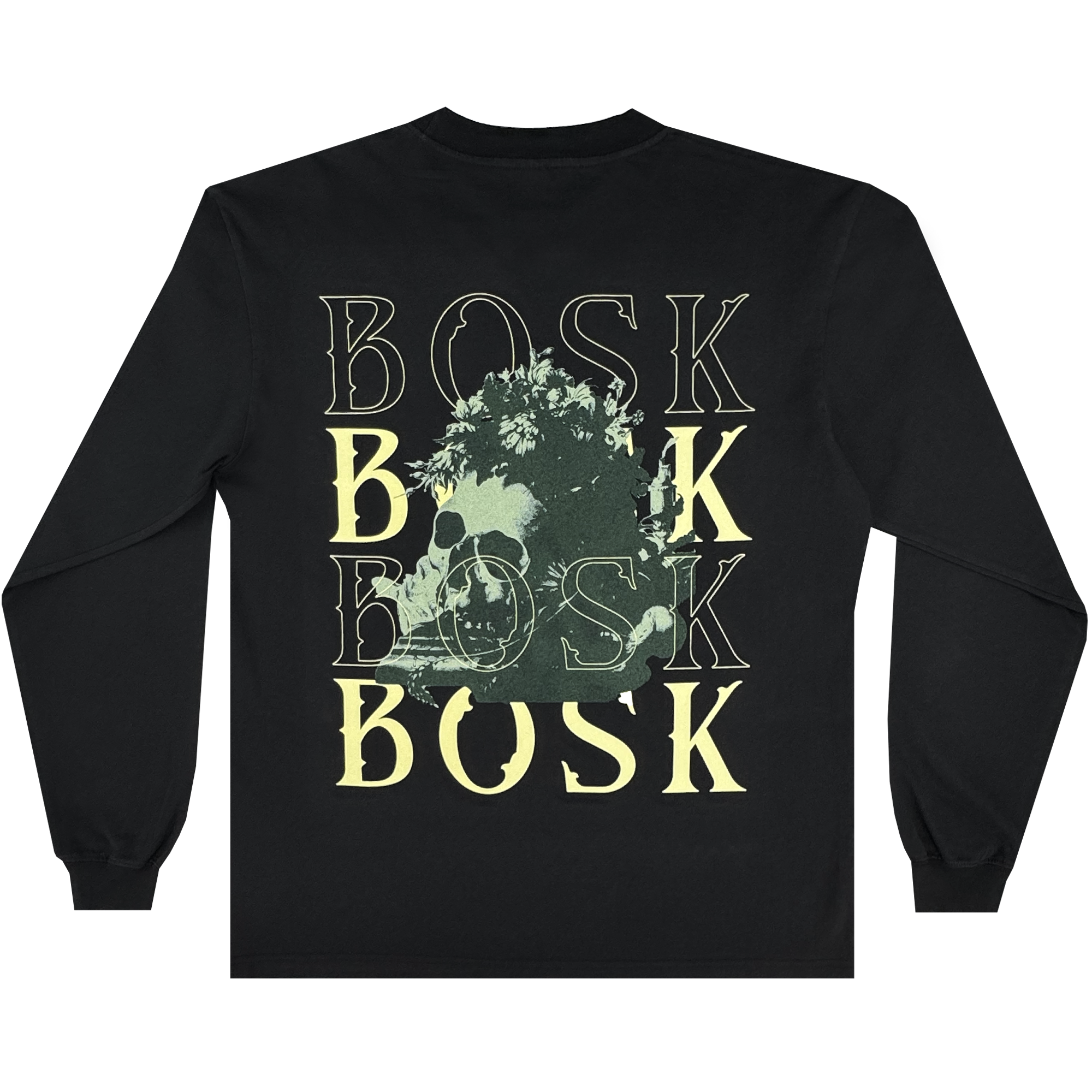 The BOSK Allure LS Tee is a black, classic-fit, 100% cotton long sleeve shirt featuring “BOSK” in bold yellow and gray with a green artistic skull and foliage on the back, showcasing a vibrant design.