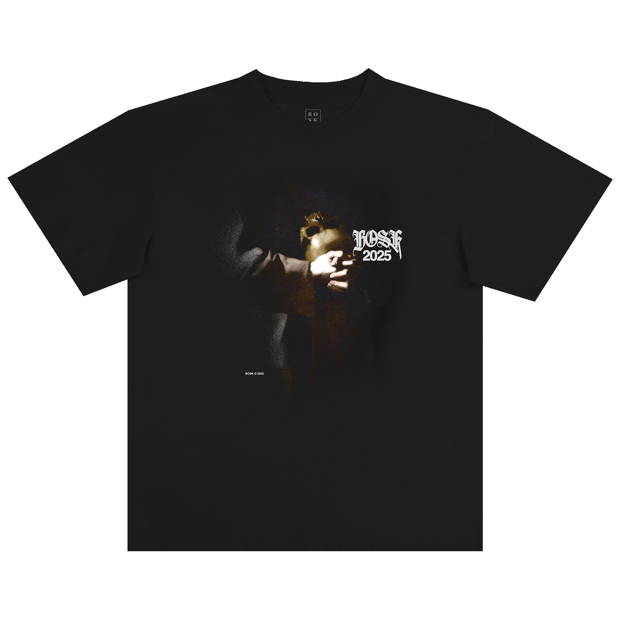 The BOSK St. Francis Tee is a black, heavy-weight, classic fit 100% cotton shirt with two hands holding a golden apple and “ROSE 2025” in stylized white text above, set against a fade-to-black background.