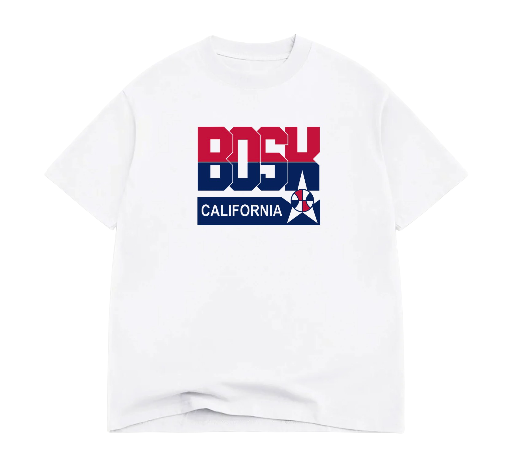 The BOSK Team BOSK Tee is a white heavyweight cotton shirt with bold red and blue "BOSK" lettering, "CALIFORNIA" text, and a star emblem on the chest. Available in men's sizing.