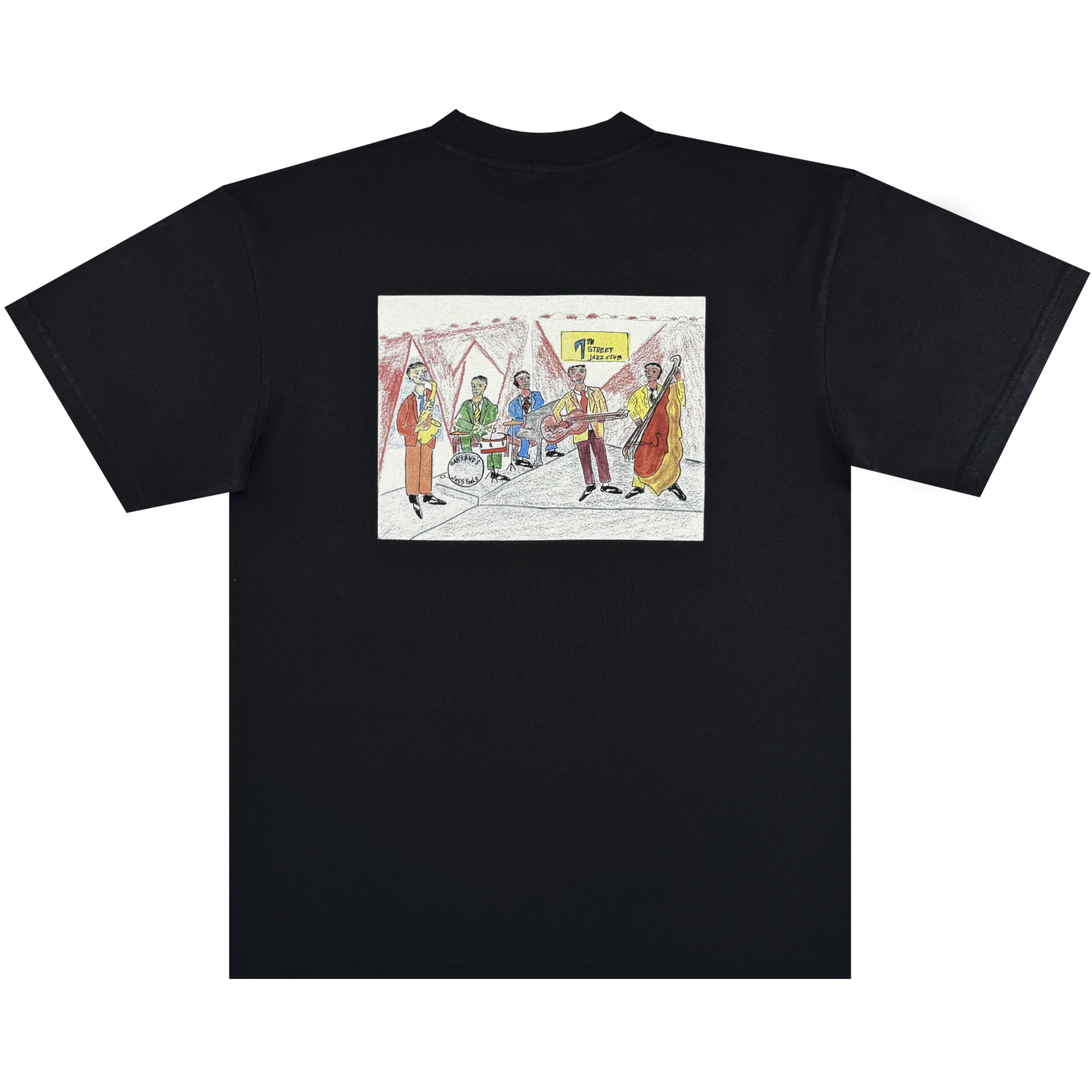 The Ode to Jass Tee by Oaklandish is a black, classic-fit 100% cotton shirt with a colorful back graphic of five musicians at the TOMORROW JAZZ FEST—an ideal pick for music fans seeking stylish American apparel.